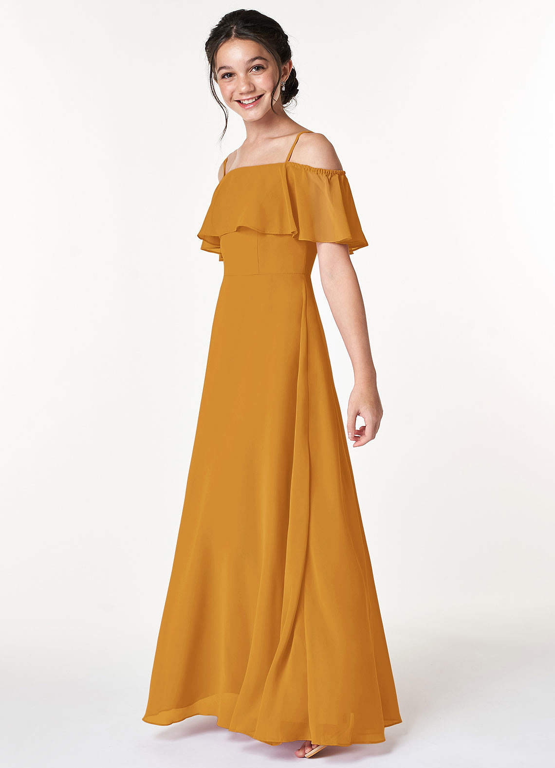 Azazie Maggie Junior Robe Trapèze en Mousseline de soie Épaule décolletée Caramel écossais image4