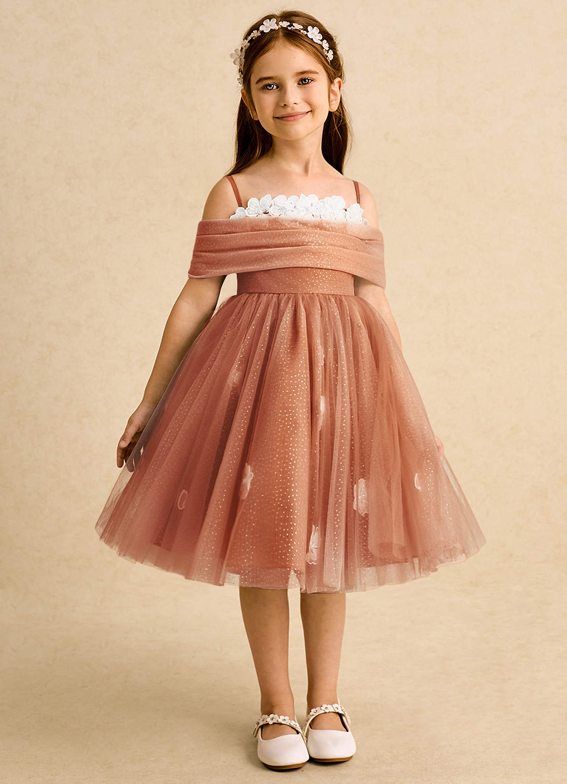 Azazie May Flower Girl Dresses Cinnamon Ball-Gown Pleated Tulle Dress image1