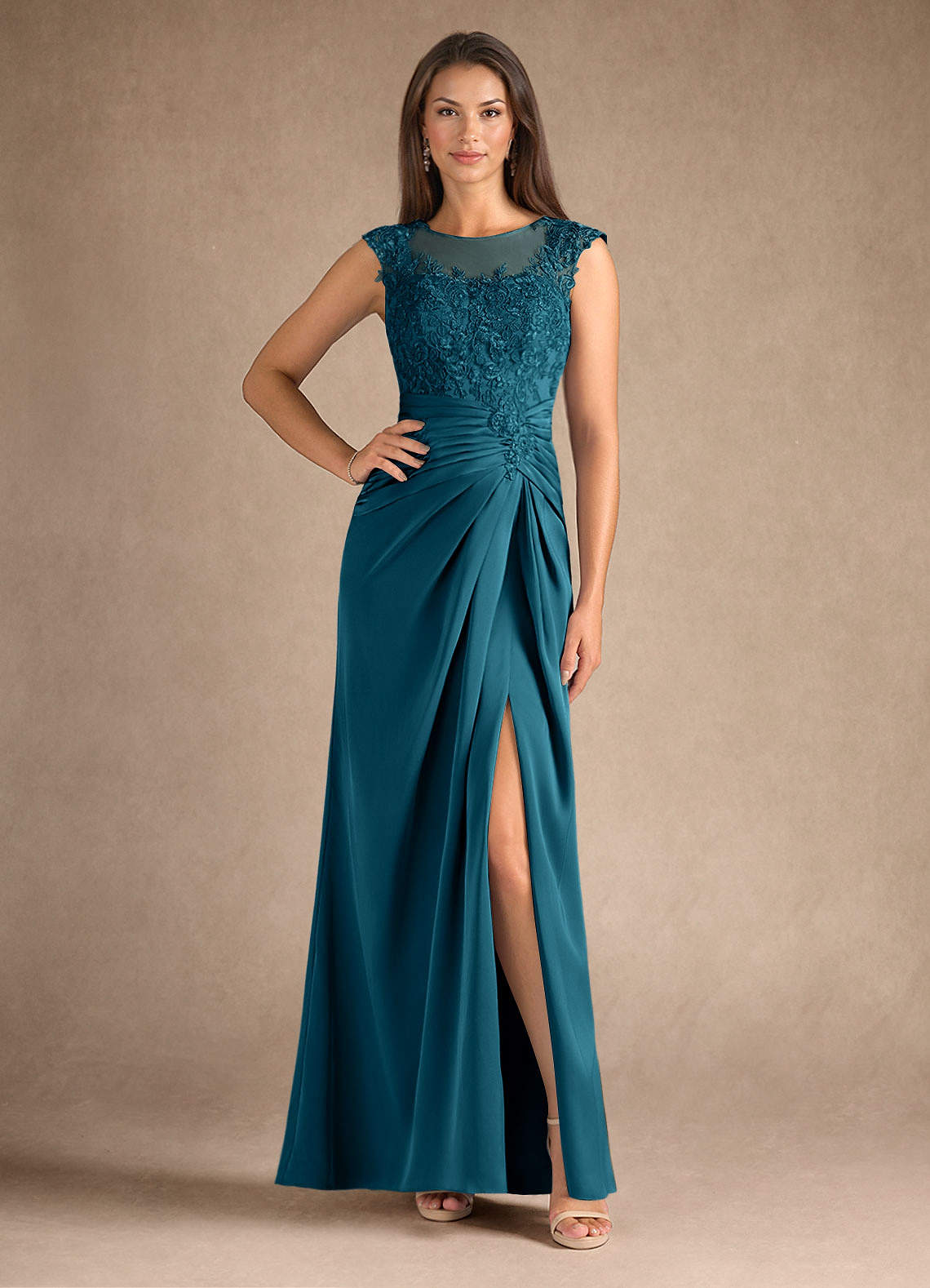Azazie Santa Barbara Mother of the Bride Dresses Ink Blue Sheath Pleated Stretch Satin Dress image1