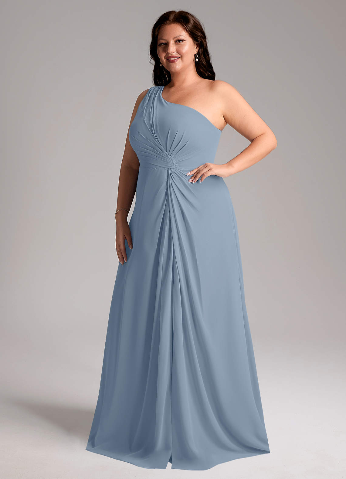 Azazie Brooke Bridesmaid Dresses Dusty Blue A-Line One Shoulder Chiffon Dress image11