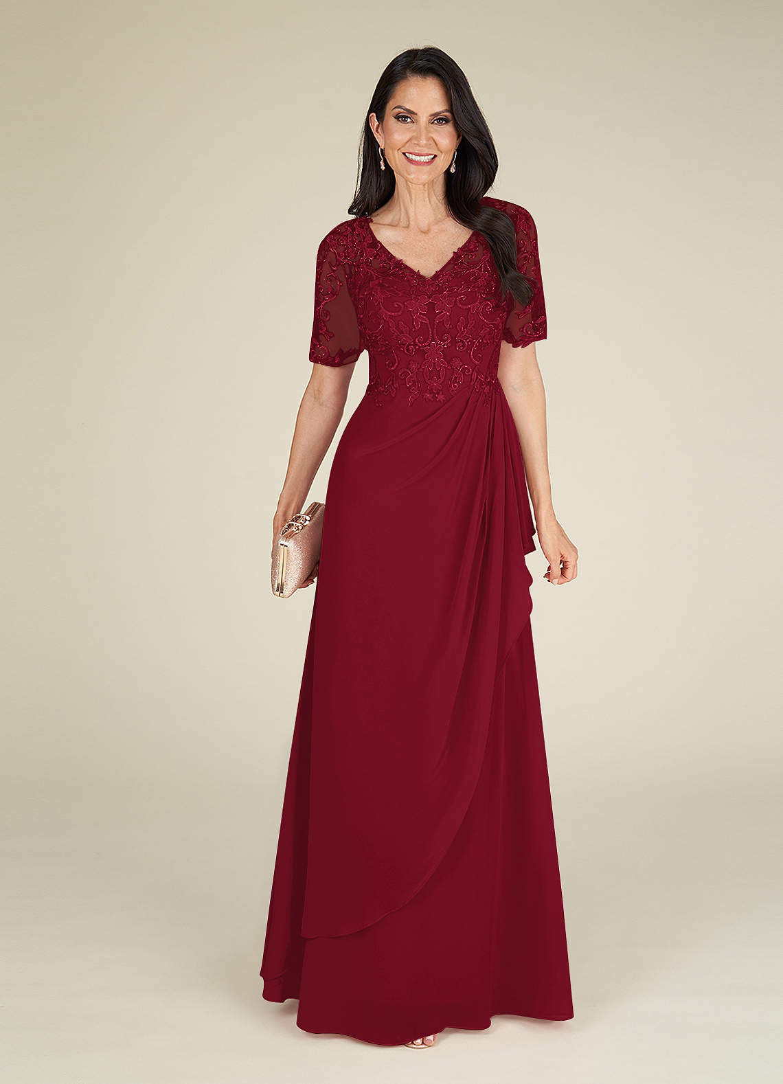 Azazie Amedeus At-home Try On Dresses Burgundy A-Line V-Neck Lace Chiffon Dress image1