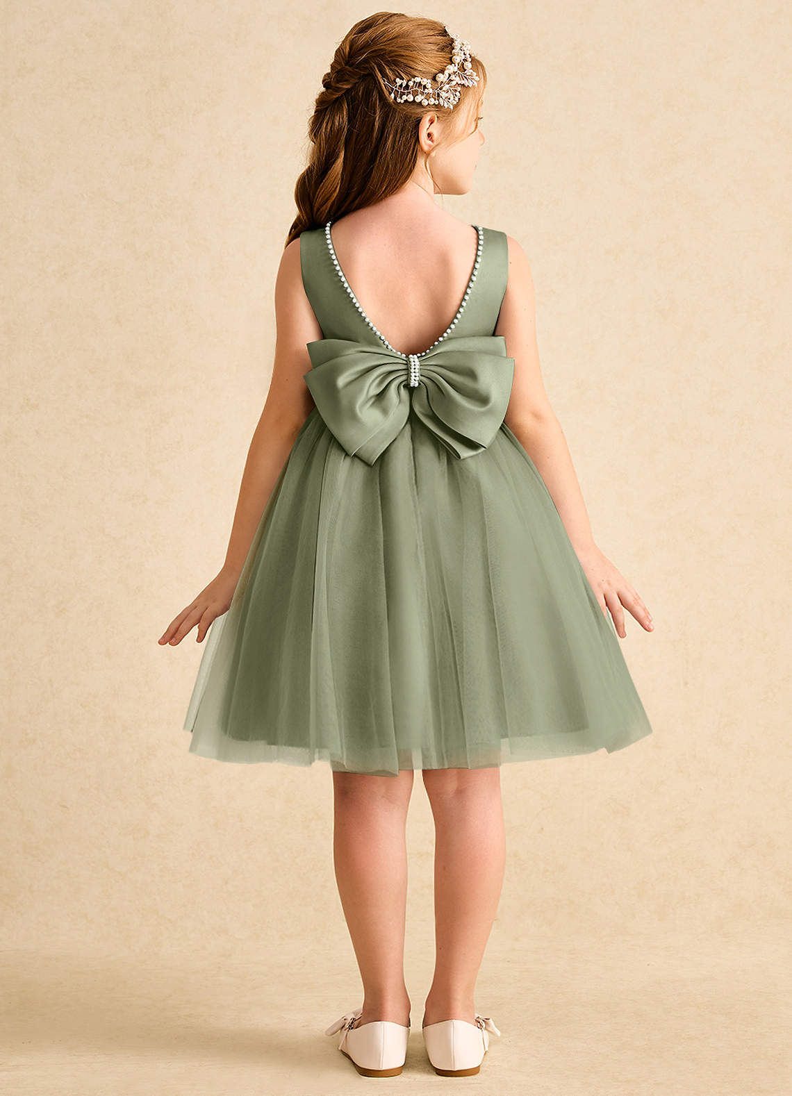 Azazie Jani Robe Demoiselle D'honneur Fillette Robe Trapèze en Tulle Arc Pistache image1