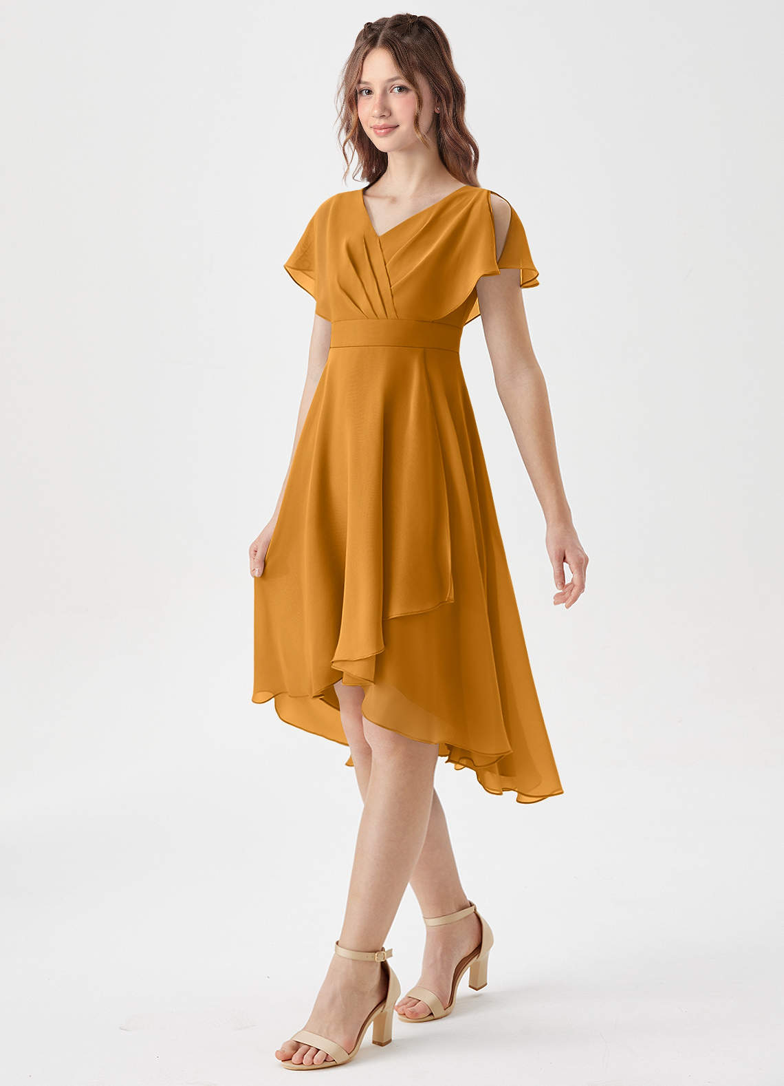 Azazie Graciela Junior Vestido Caramelo de Chiffon de Linha A com Plissado image3