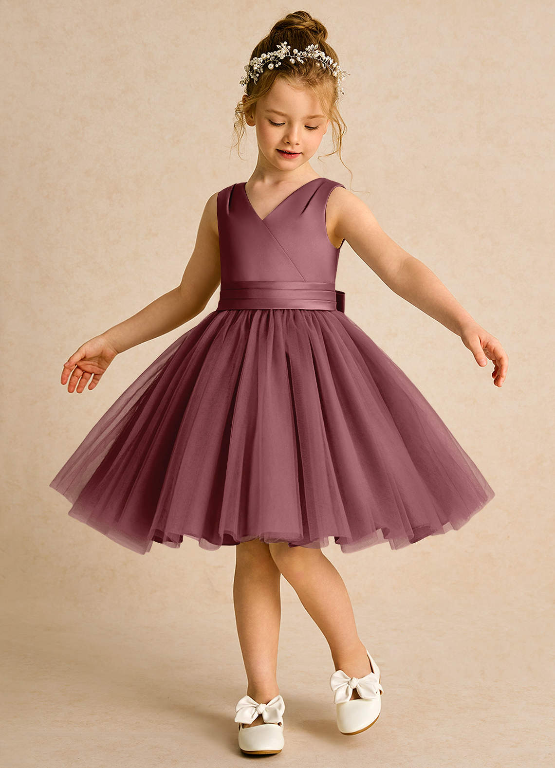 Azazie Tadpole Flower Girl Dresses Desert Rose A-Line Pleated Matte Satin Dress image1