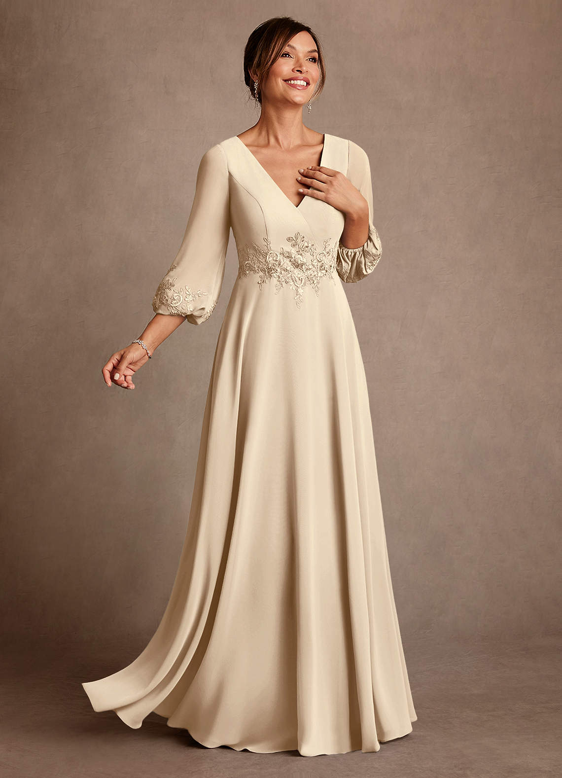 Azazie Yorba Champagne A-Line Lace Chiffon Dress | Azazie