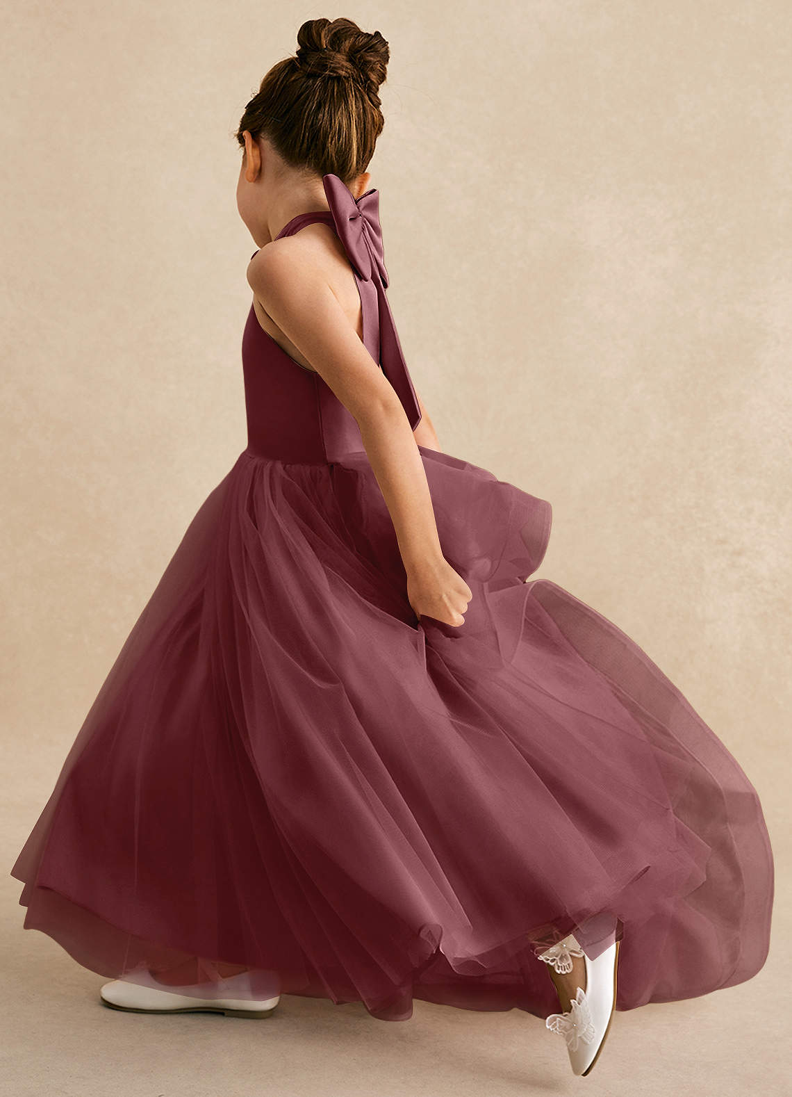 Azazie Bev Vestidos de florista Vestido Rosa Do Deserto de Tule de Linha A com Conversível image6