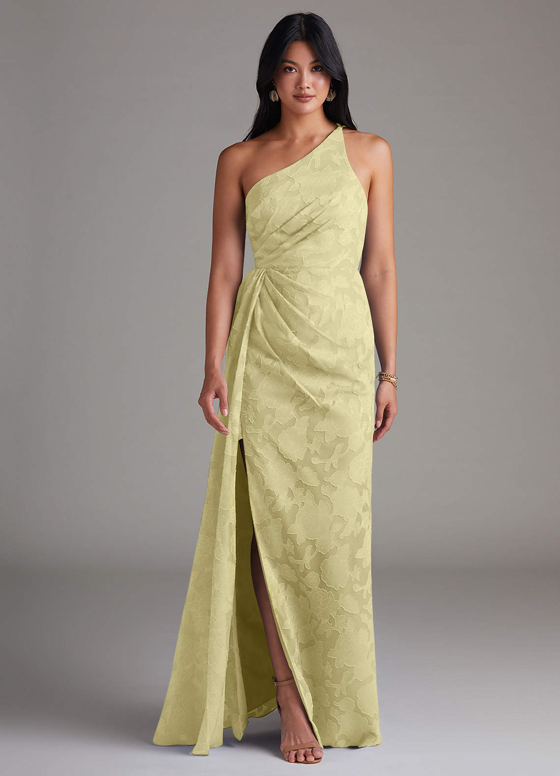 Azazie Mika Brautjungfernkleider Etui One-Shoulder Blumen-Burnout Kleid Zitronensorbet image1