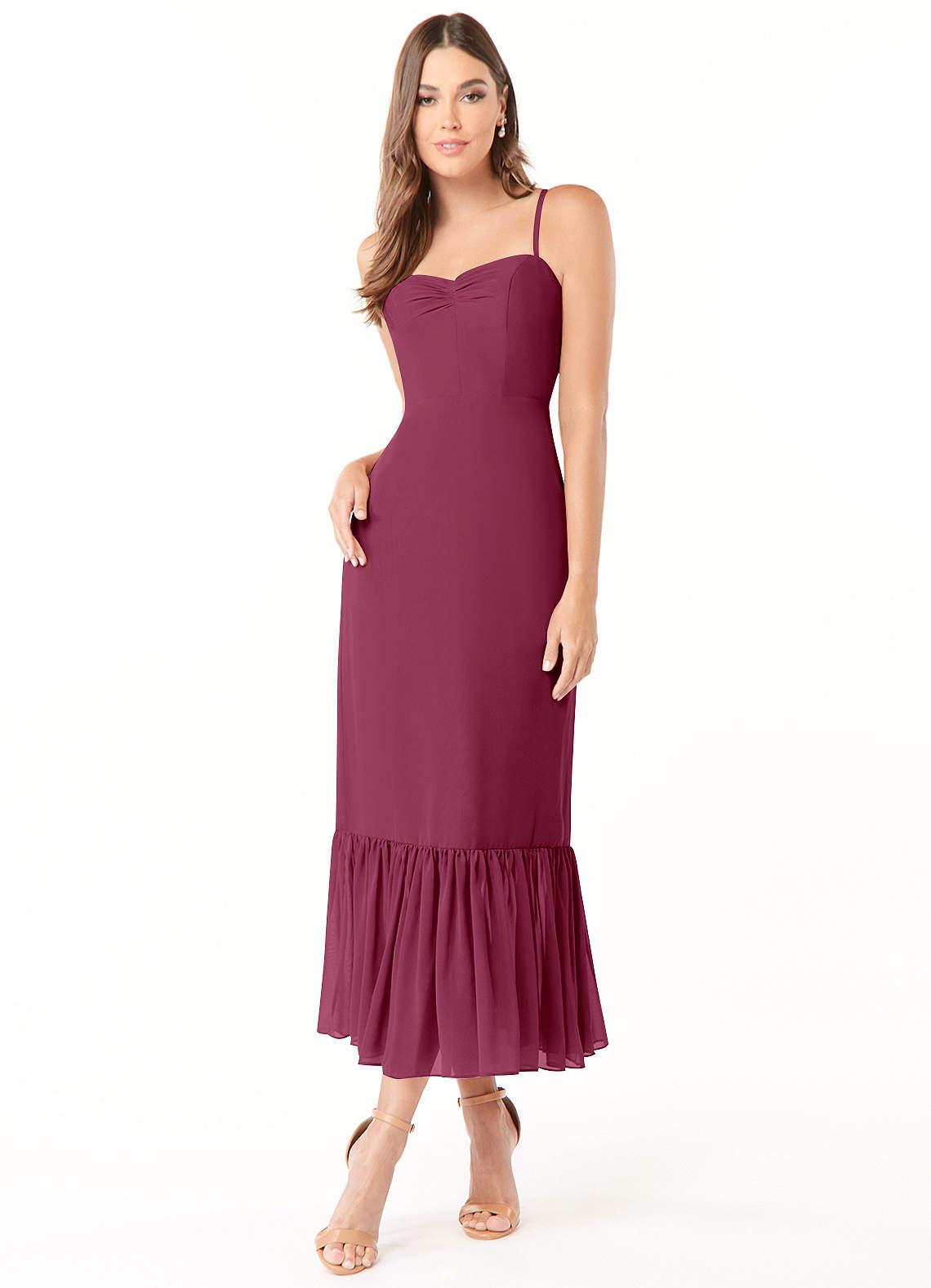 Azazie Justina Brautjungfernkleider A-Linie Herzausschnitt Chiffon Kleid Maulbeerrot image1