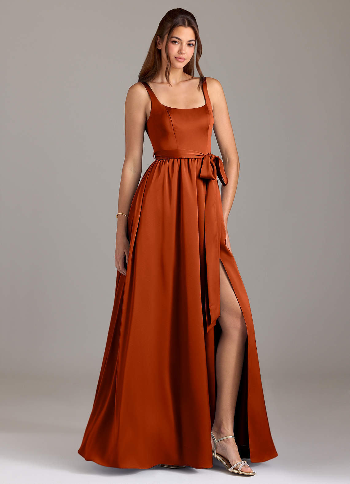Azazie Elliott Bridesmaid Dresses Paprika A-Line with Pockets Stretch Satin Dress image1