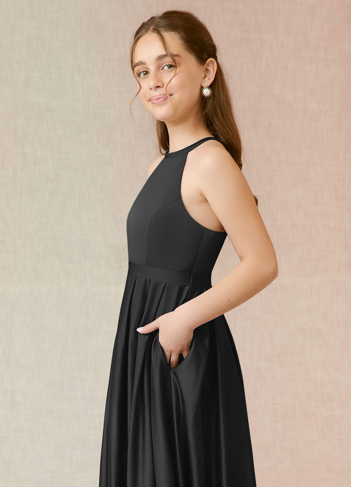 Azazie Arianthe Junior Black A-Line with Pockets Stretch Satin Dress image5