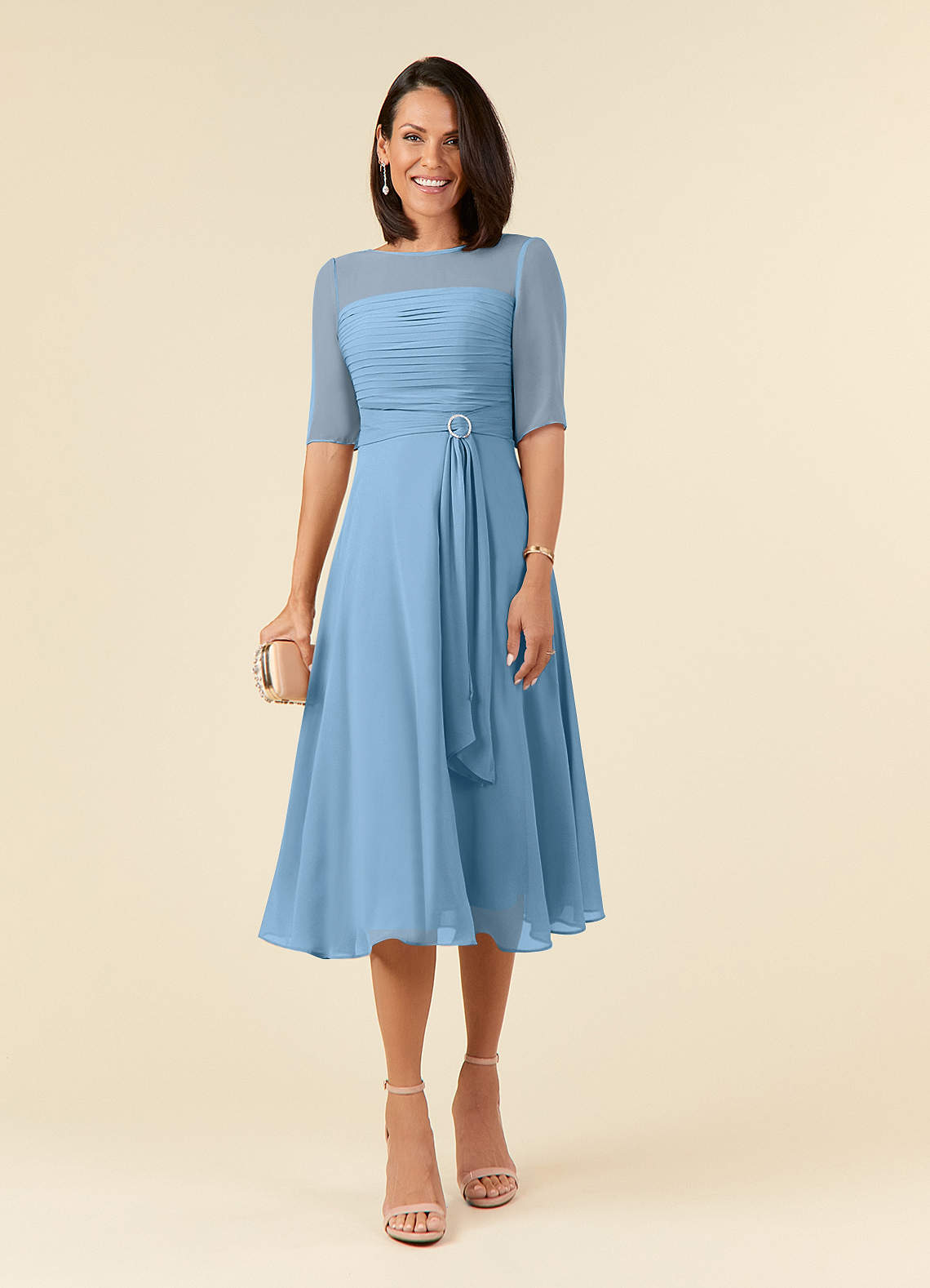 Azazie Naomi Mother of the Bride Dresses Steel Blue A-Line Boatneck Pleated Chiffon Dress image1