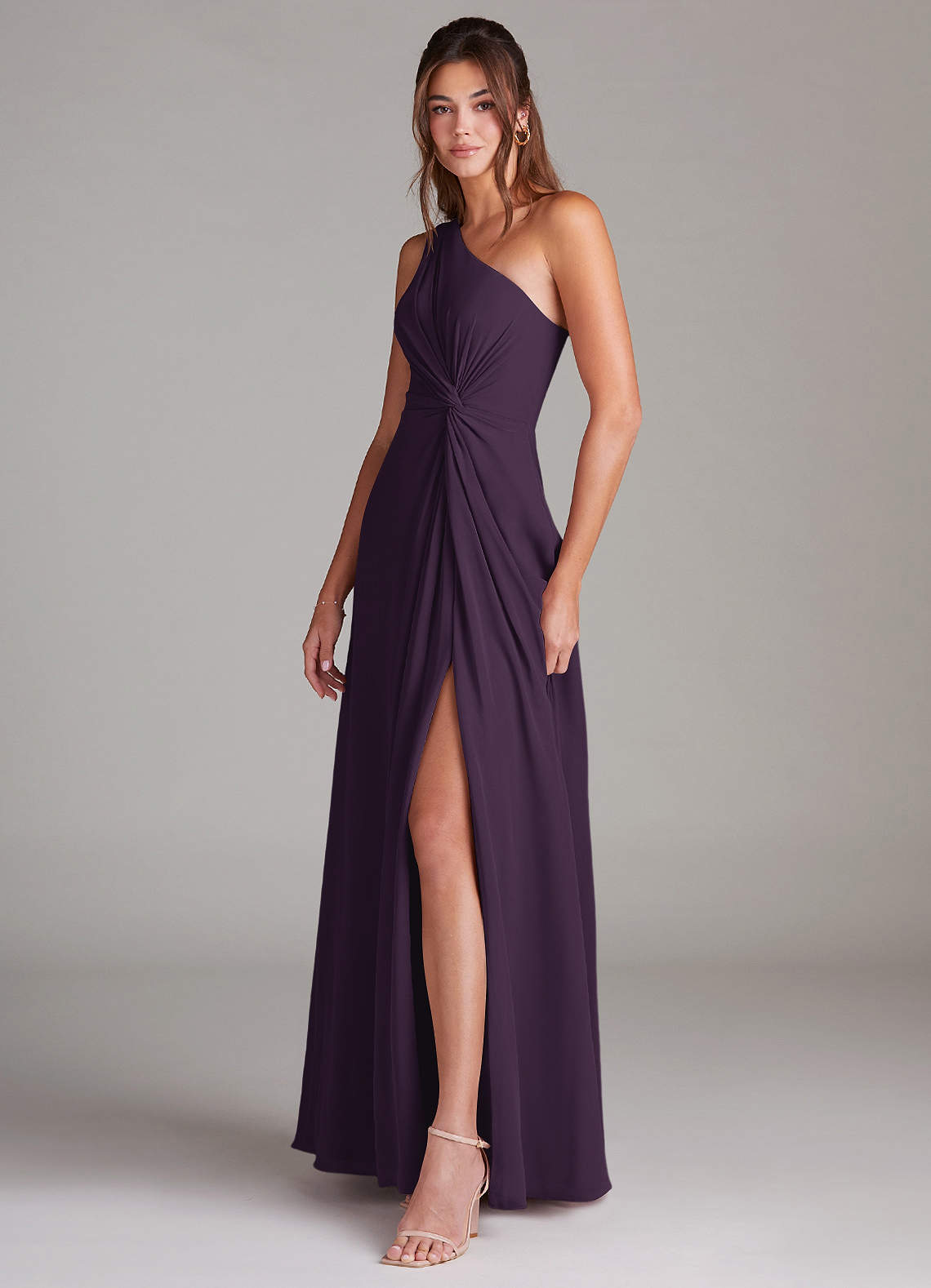 Azazie Brooke Bridesmaid Dresses Plum A-Line One Shoulder Chiffon Dress image4