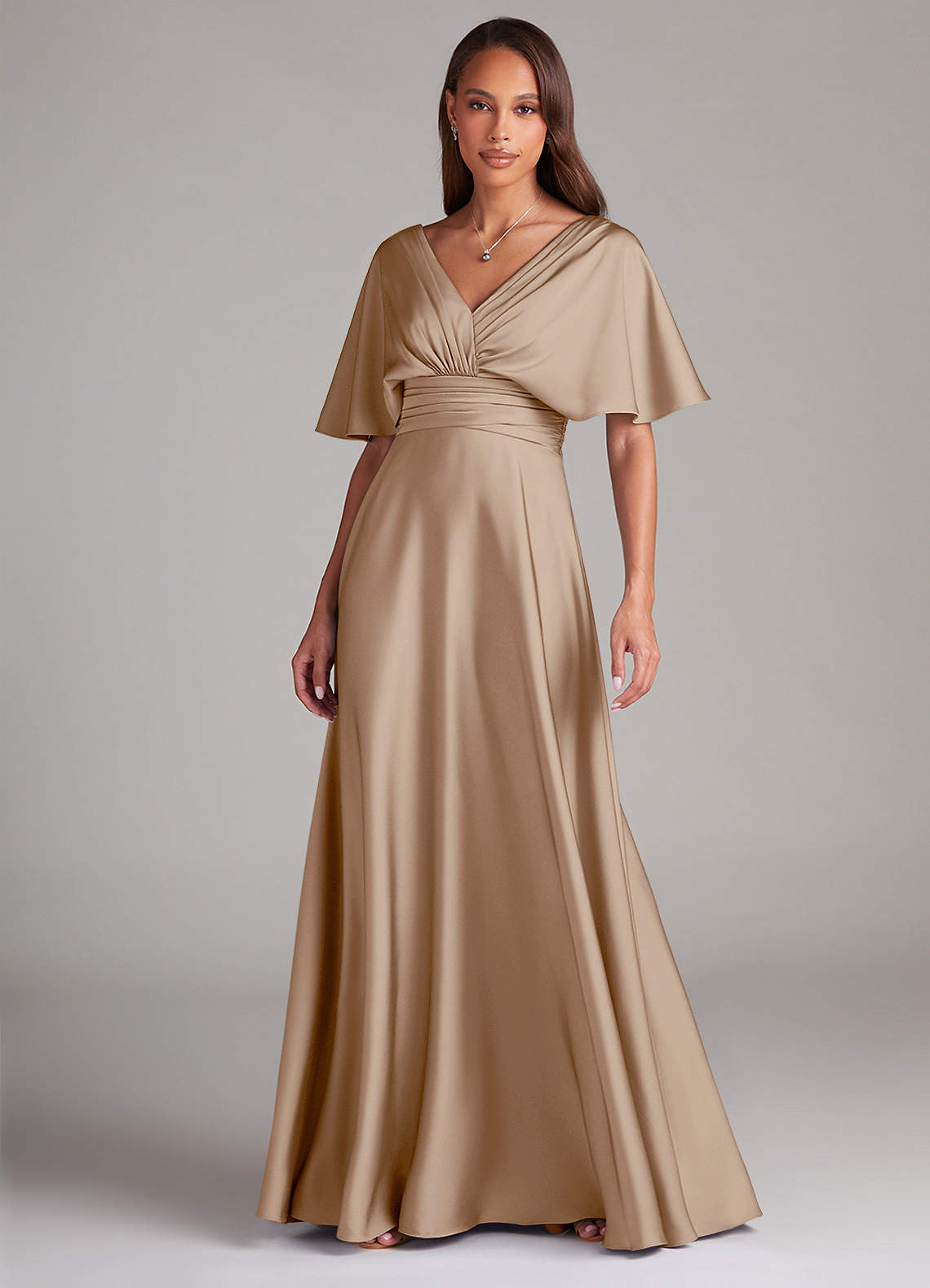 Azazie A-Line V-Neck Floor-Length Stretch Satin Bridesmaid Dresses taupe Azazie A-Line V-Neck Floor-Length Stretch Satin Bridesmaid Dresses taupe