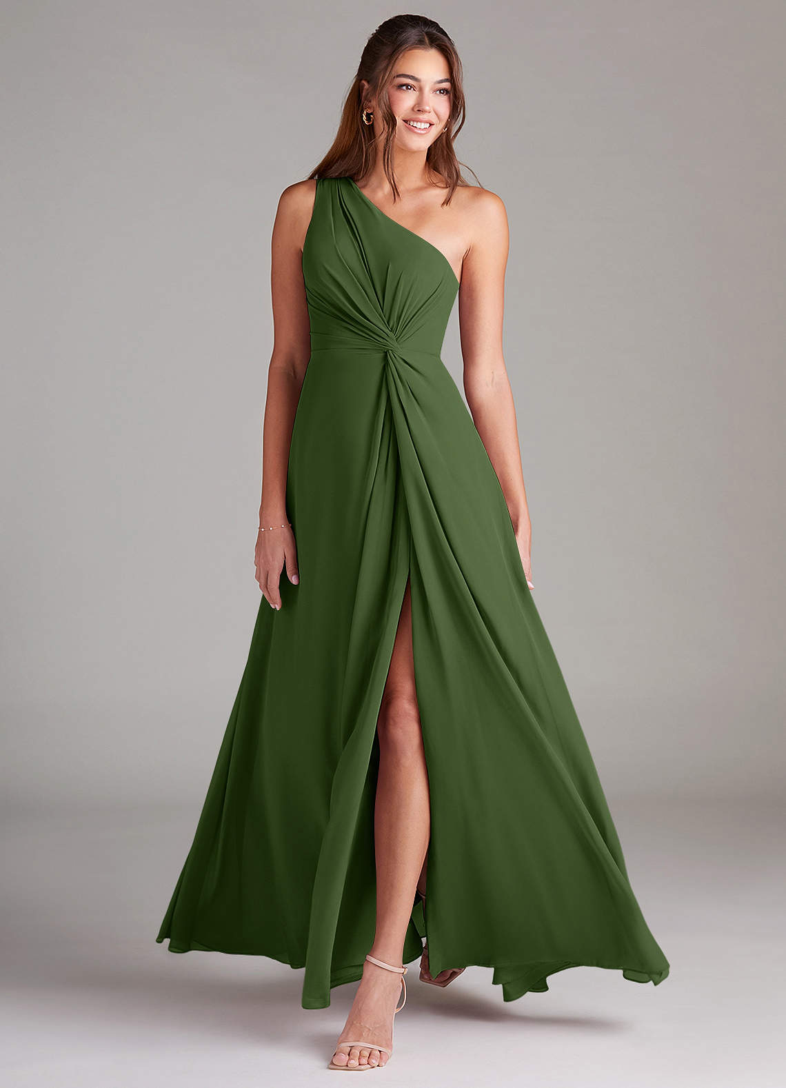 Azazie Brooke Bridesmaid Dresses Olive A-Line One Shoulder Chiffon Dress image2