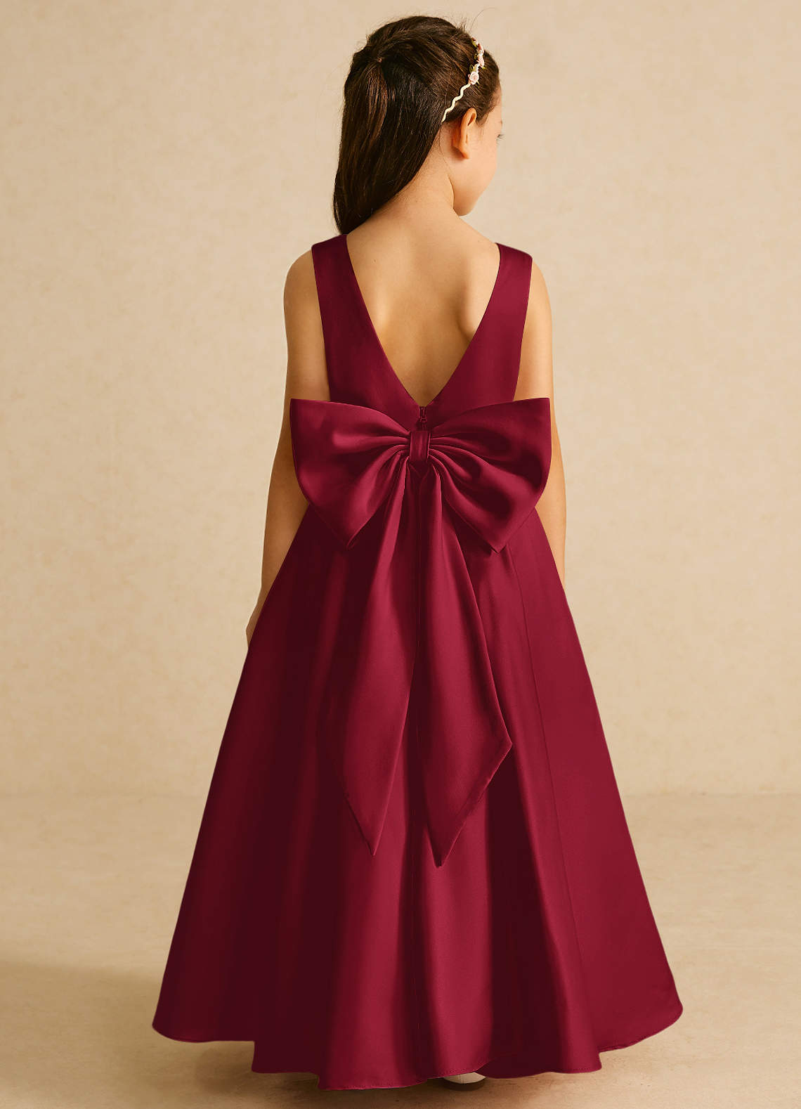 Azazie Pipsy Flower Girl Dresses Burgundy A-Line Bow Matte Satin Dress image1