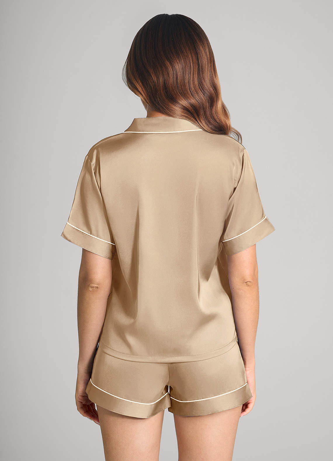 front Satin Contrast Piping Pajama Set