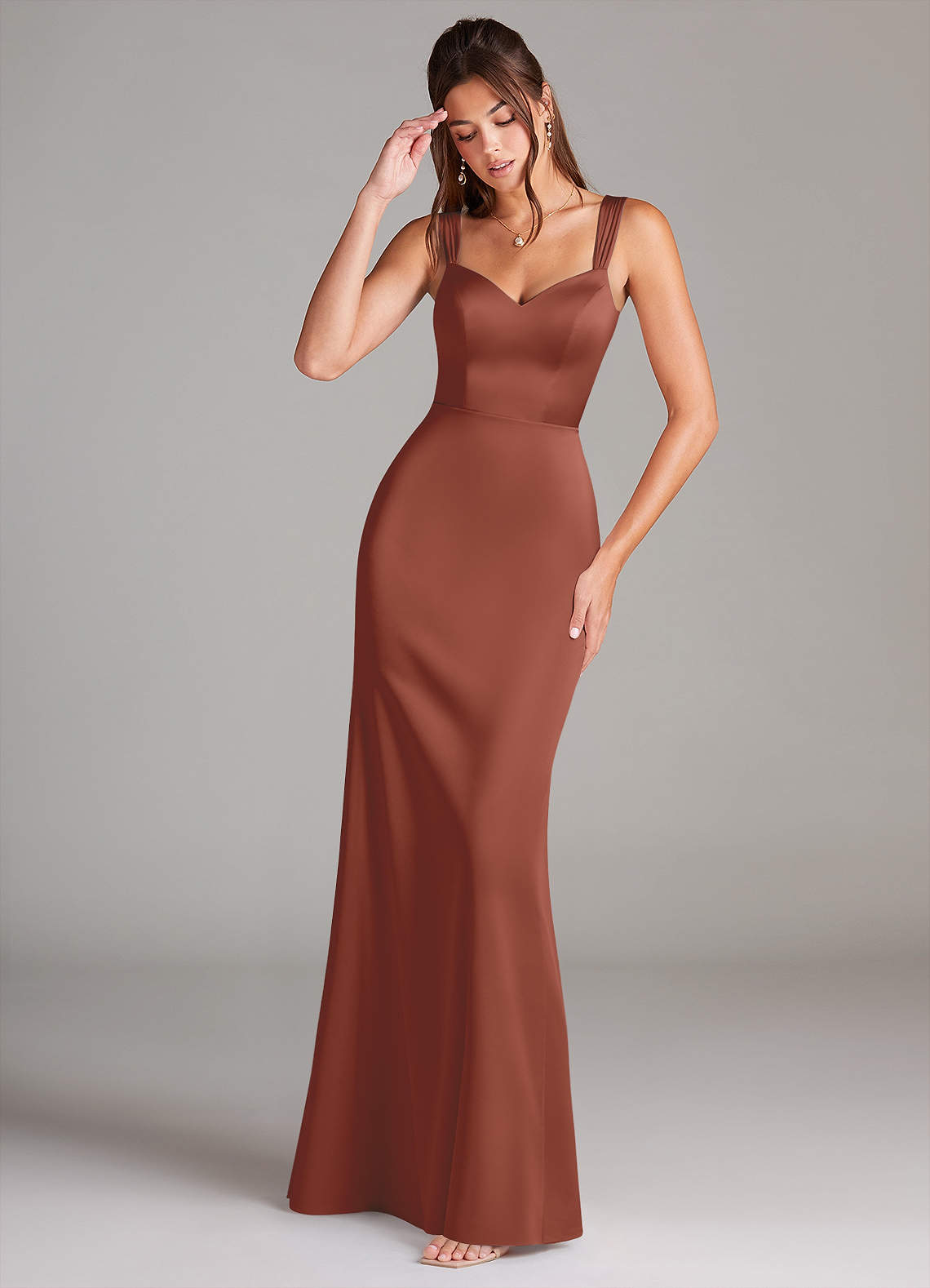 Azazie Denice Brautjungfernkleider Etui Plissee Stretch-Satin Kleid Rotbraun image1