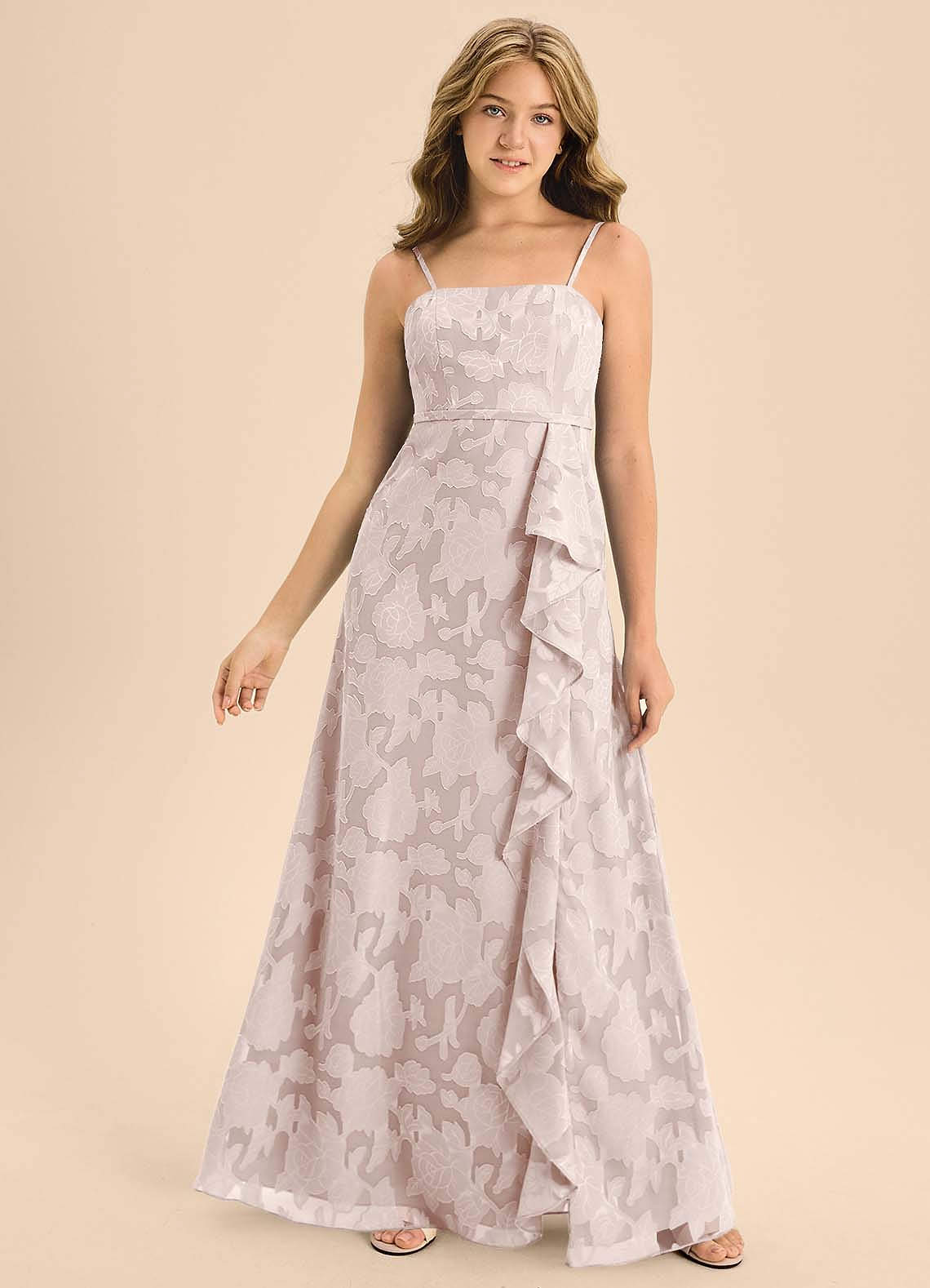 Azazie Kaylee Junior Blushing Pink A-Line with Belt Floral Burnout Dress image1