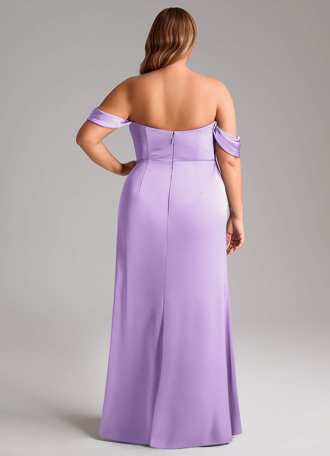 Azazie Saige Bridesmaid Dresses Lilac Sheath Off the Shoulder Stretch Satin Dress image11