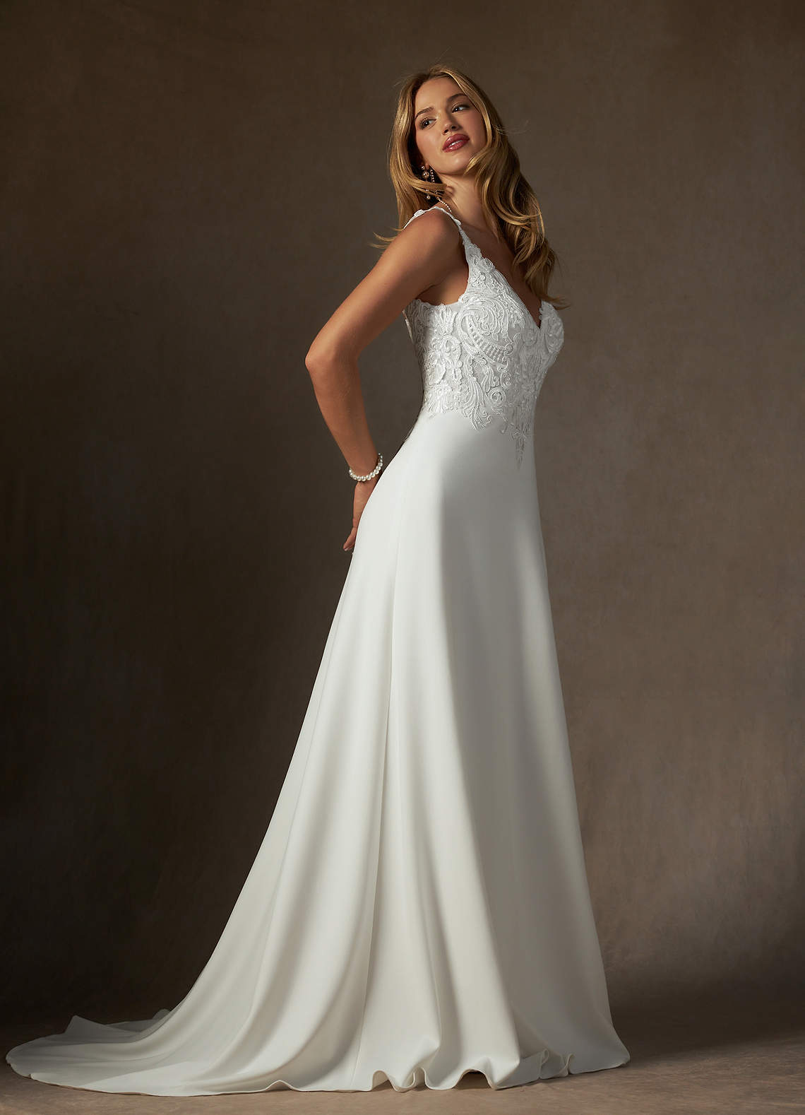 Azazie Clementina Wedding Dresses Diamond White A-Line V-Neck Sequins Stretch Crepe Dress image2