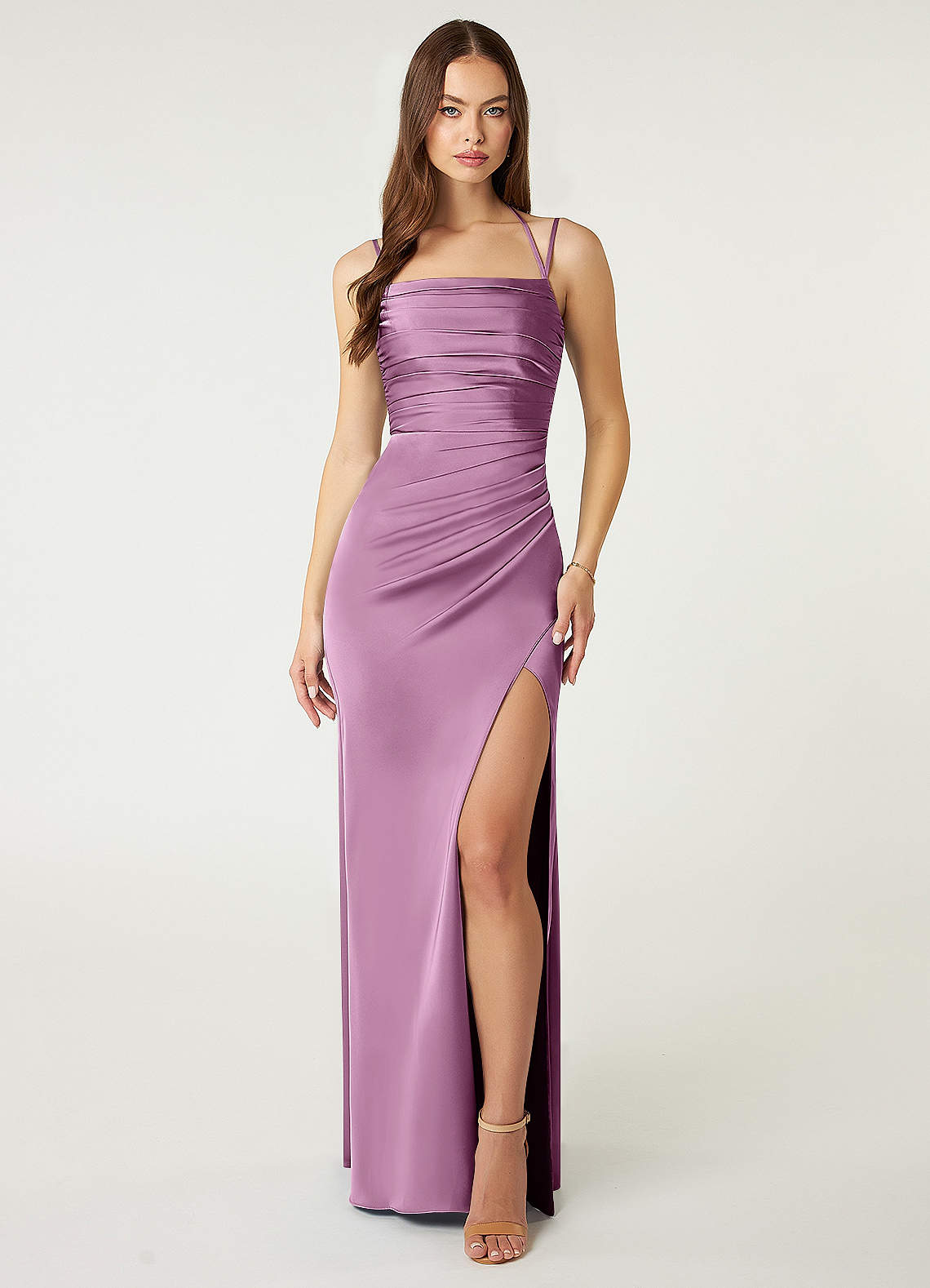 Azazie Desi Bridesmaid Dresses Wisteria Sheath Halter Corset Stretch Satin Dress image1