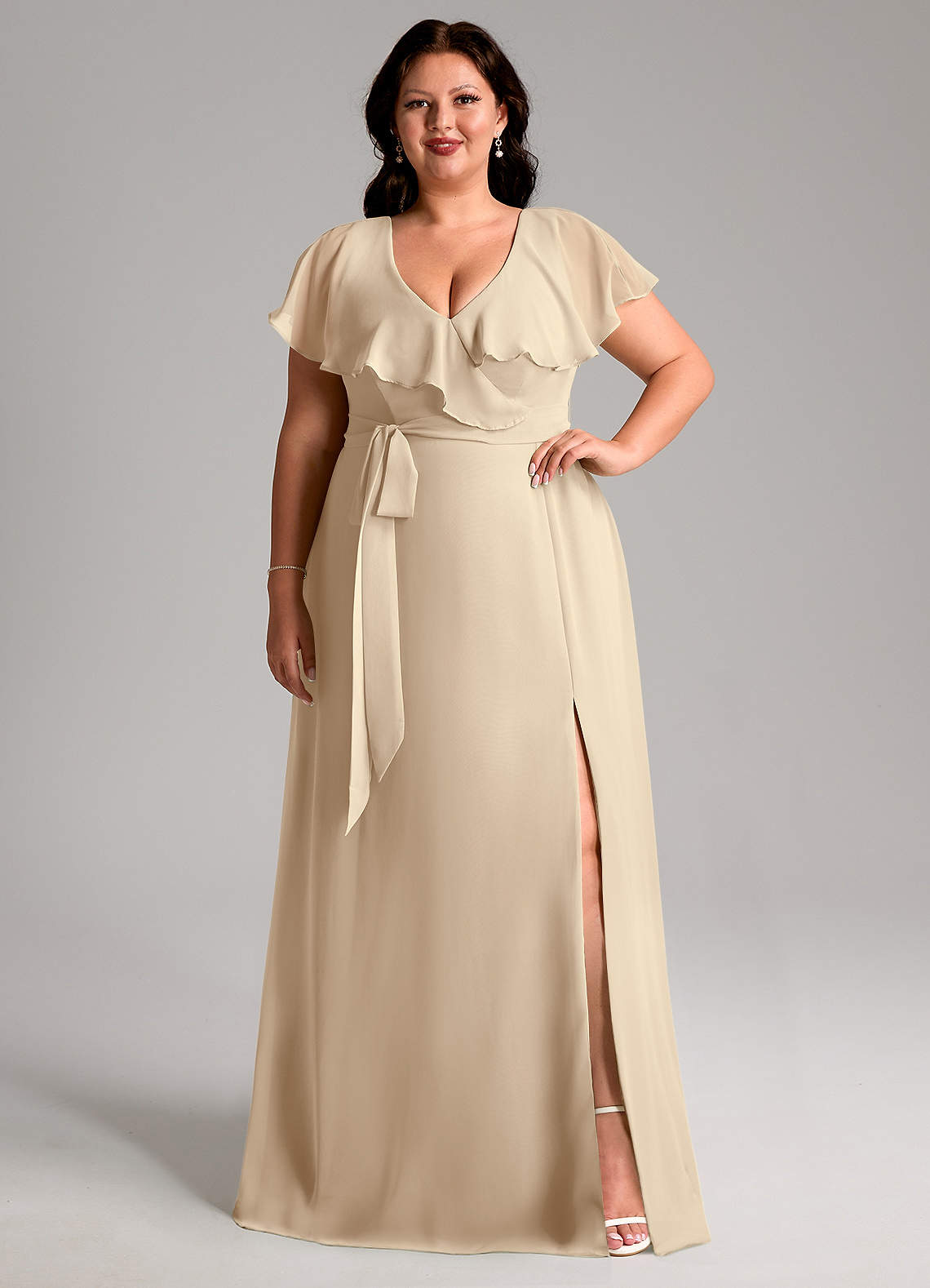 Azazie Lainey Bridesmaid Dresses Champagne A-Line with Pockets Chiffon Dress image1
