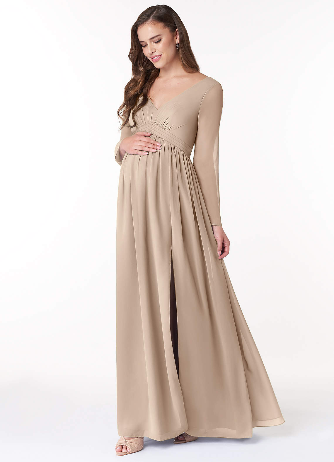 Azazie Teton Maternity Bridesmaid Dresses A-Line Long Sleeve Chiffon Floor-Length Dress image2