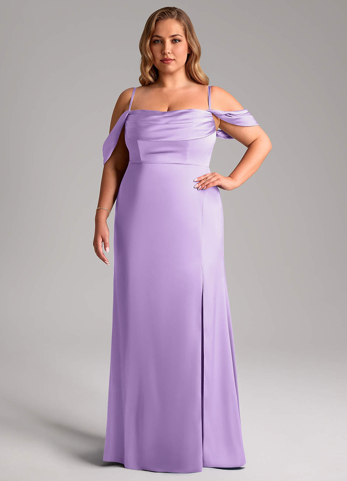 Azazie Saige Bridesmaid Dresses Lilac Sheath Off the Shoulder Stretch Satin Dress image14