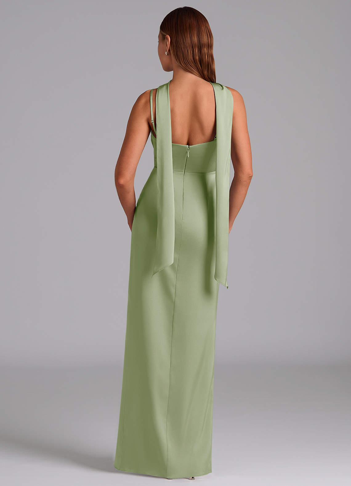 Azazie Calandra Jurken voor bruidsmeisjes Jurk van Stretch Satijn met A-Lijn Geplooid Stoffige Salie image3