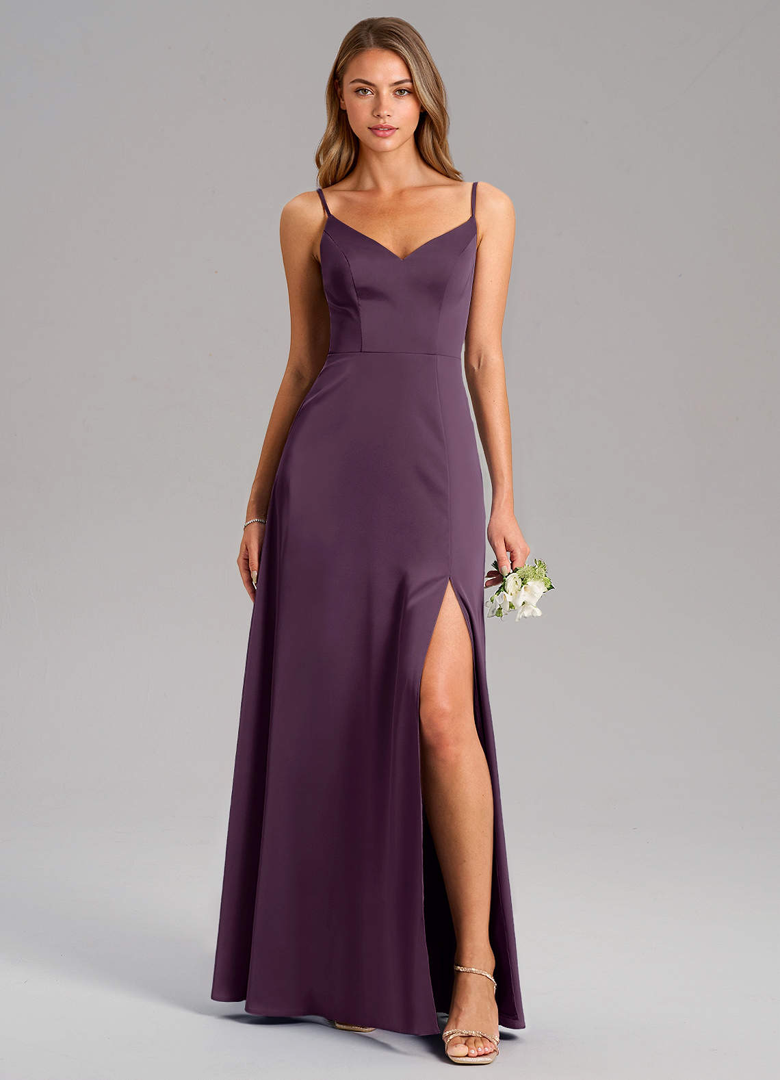 Azazie Talina Bridesmaid Dresses Plum A-Line Stretch Satin Dress image1