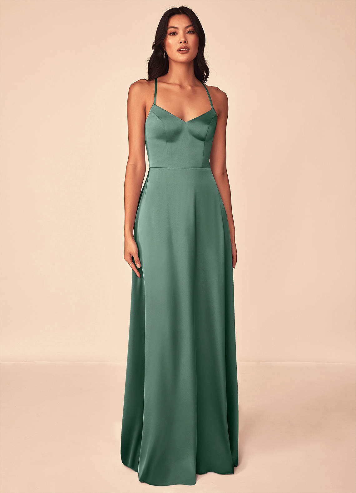 Azazie Mei Vestidos de damas de honor Vestido de Eucalipto de Satén Elástico de Corte en A con Cuello en V image1