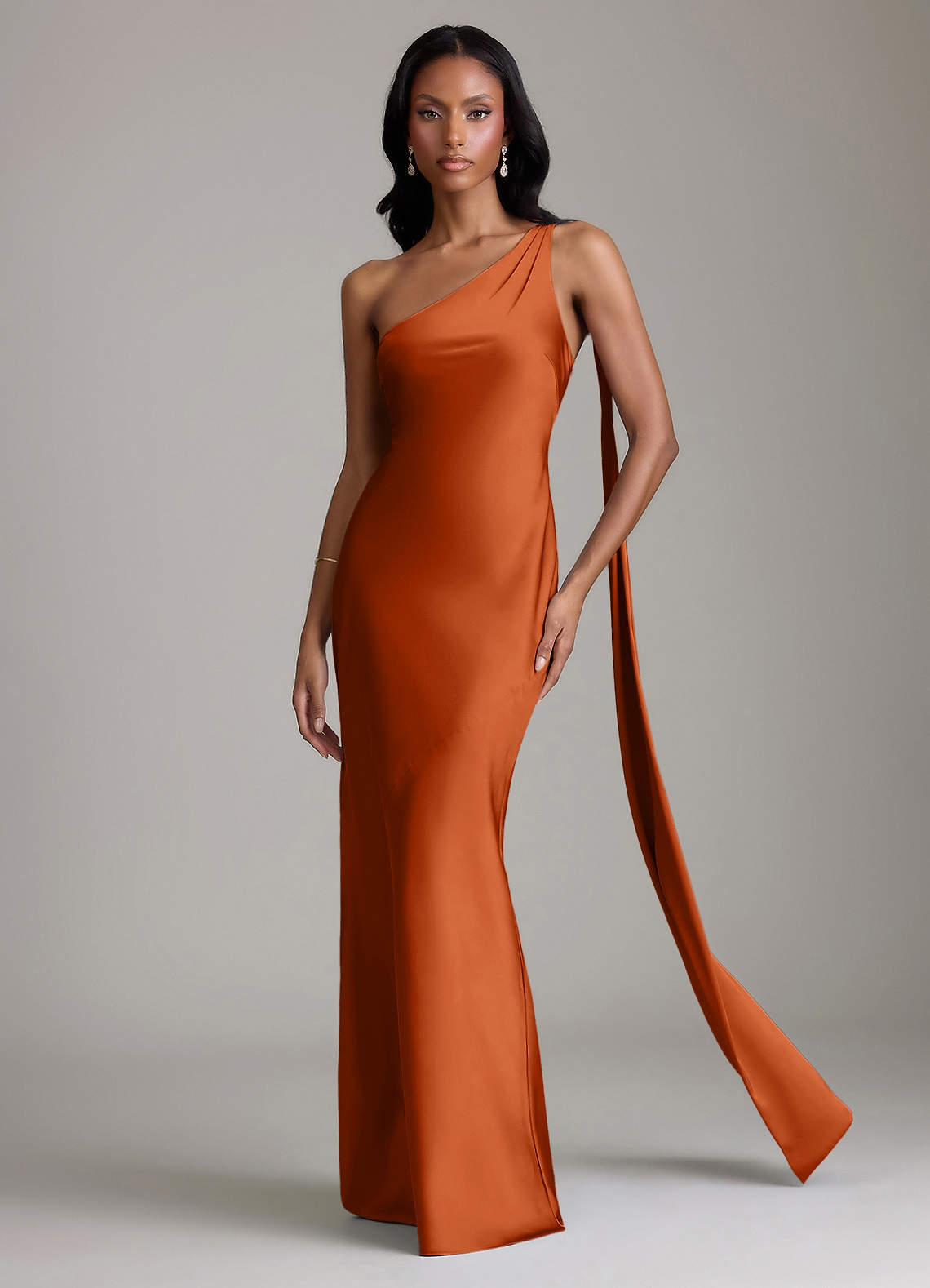 one shoulder burnt orange bridesmaid dress Azazie Juniper