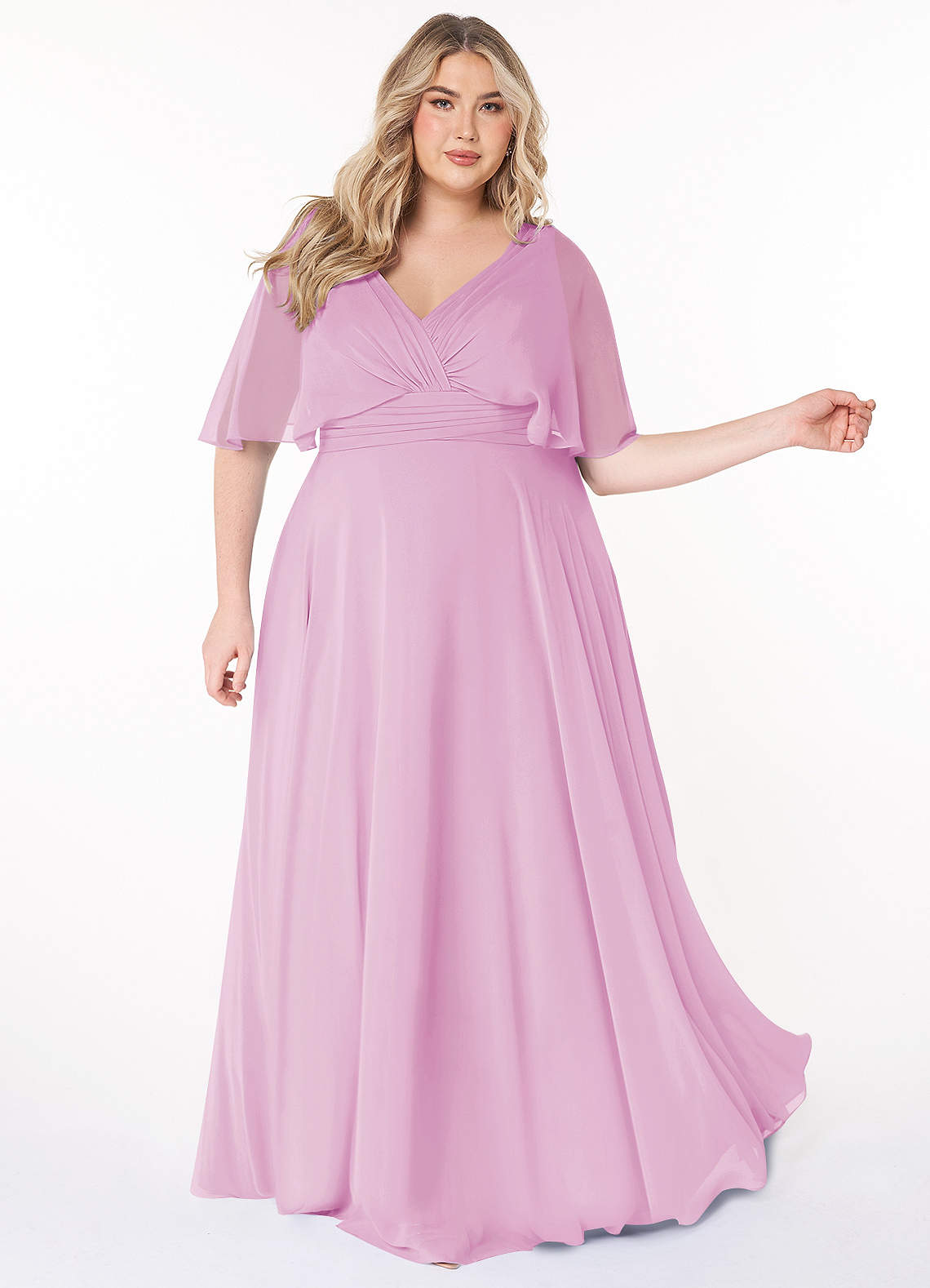 Azazie Pamela Essayer des robes à la maison Robe Trapèze en Mousseline de soie Col V plissé Bleu Poussiéreux image7