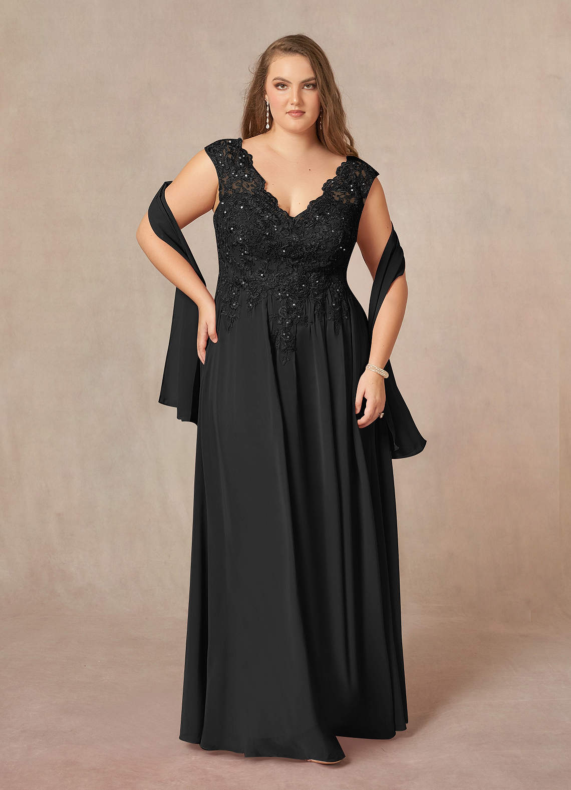 Azazie Plus Size A Line Princess V Neck Floor Length Chiffon Mother of Groom Bride Dresses Black