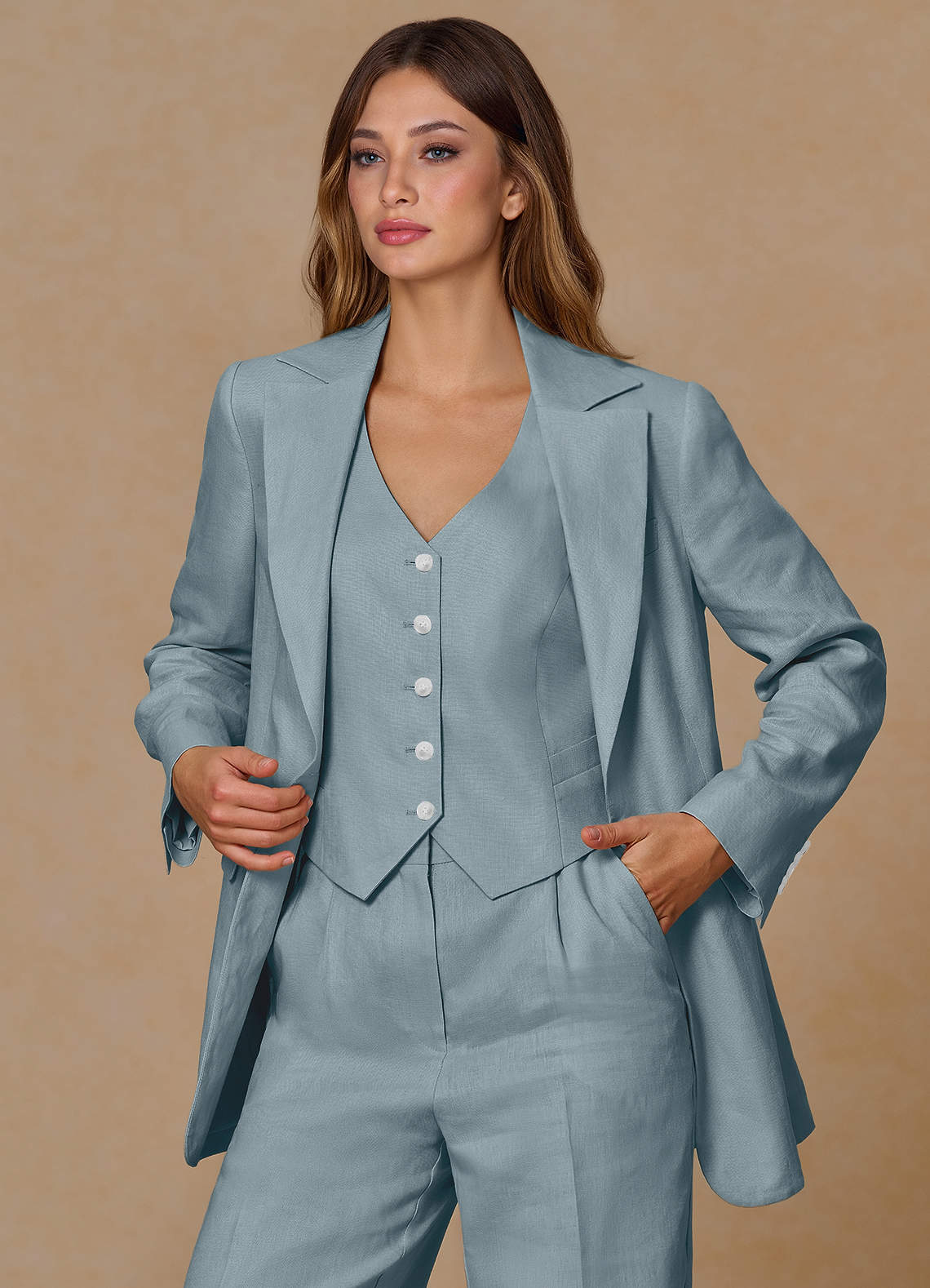 front Belicia Dusty Blue 100% Linen Blazer
