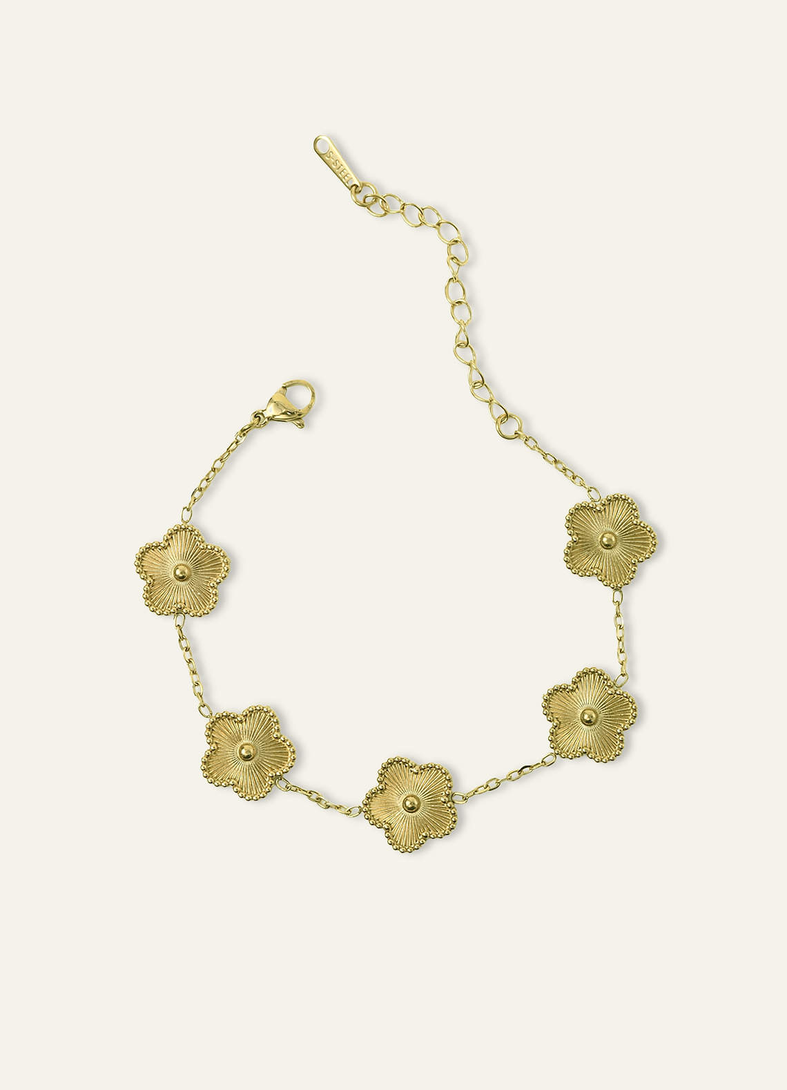 front Pulseira com pingente de trevo de cinco folhas em aço inoxidável banhado a ouro 18K