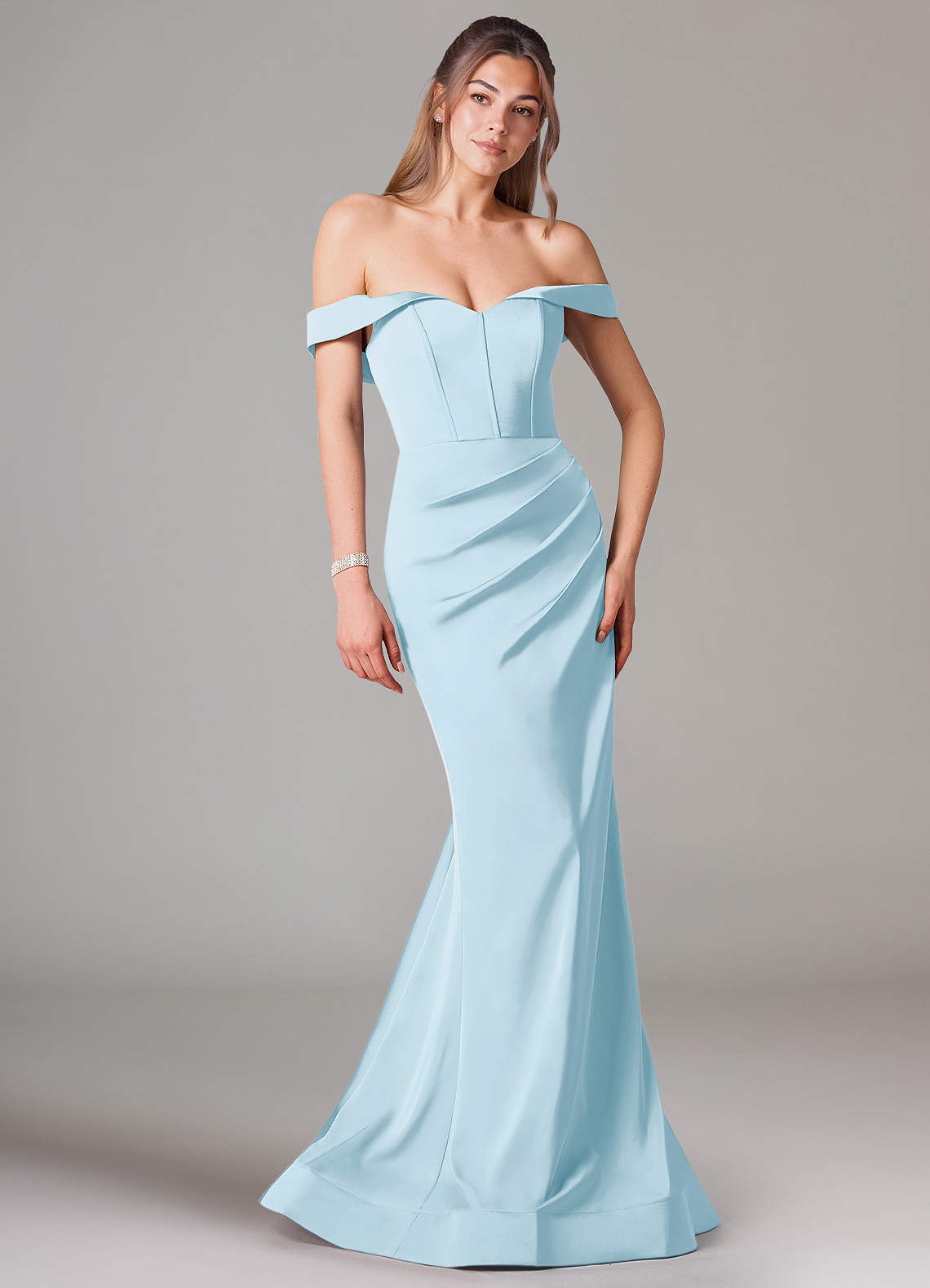 Azazie Everly Bridesmaid Dresses Sky Blue Mermaid Off the Shoulder Stretch Satin Convertible Dress image1