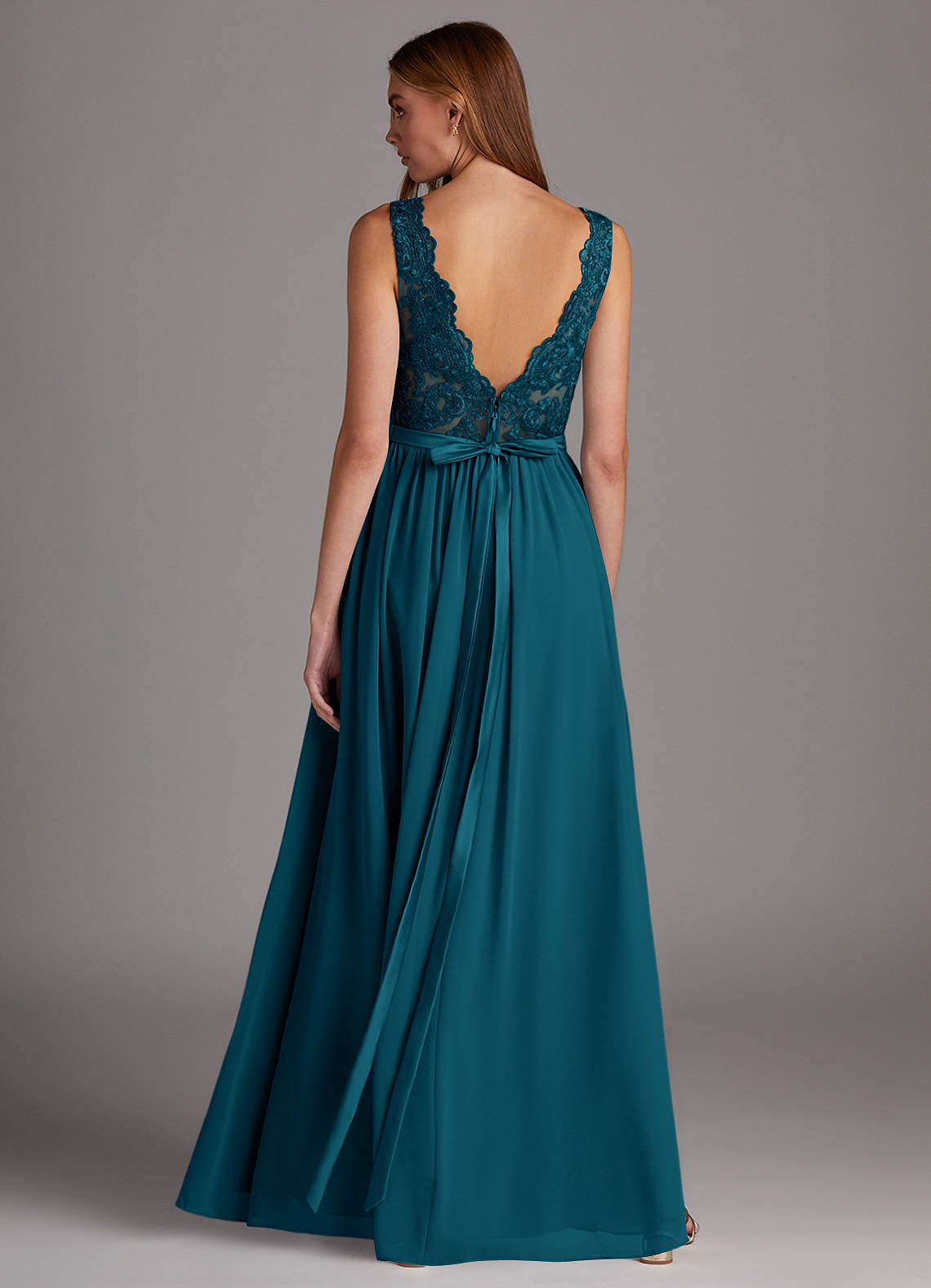Azazie Elly Bridesmaid Dresses Ink Blue A-Line Lace Scoop Neck Chiffon Dress image1