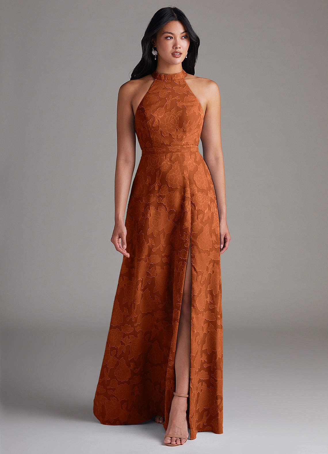 Azazie Clarice Burnt Orange Floral Burnout Bridesmaid Dresses