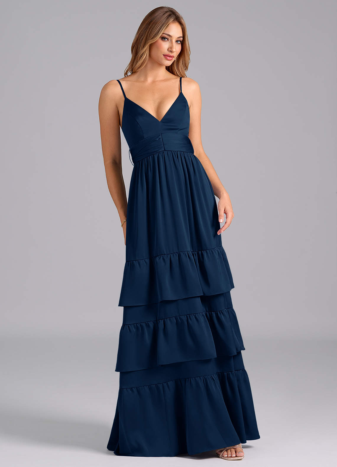 Azazie Nathalia Bridesmaid Dresses Dark Navy A-Line Pleated Stretch Satin Dress image1