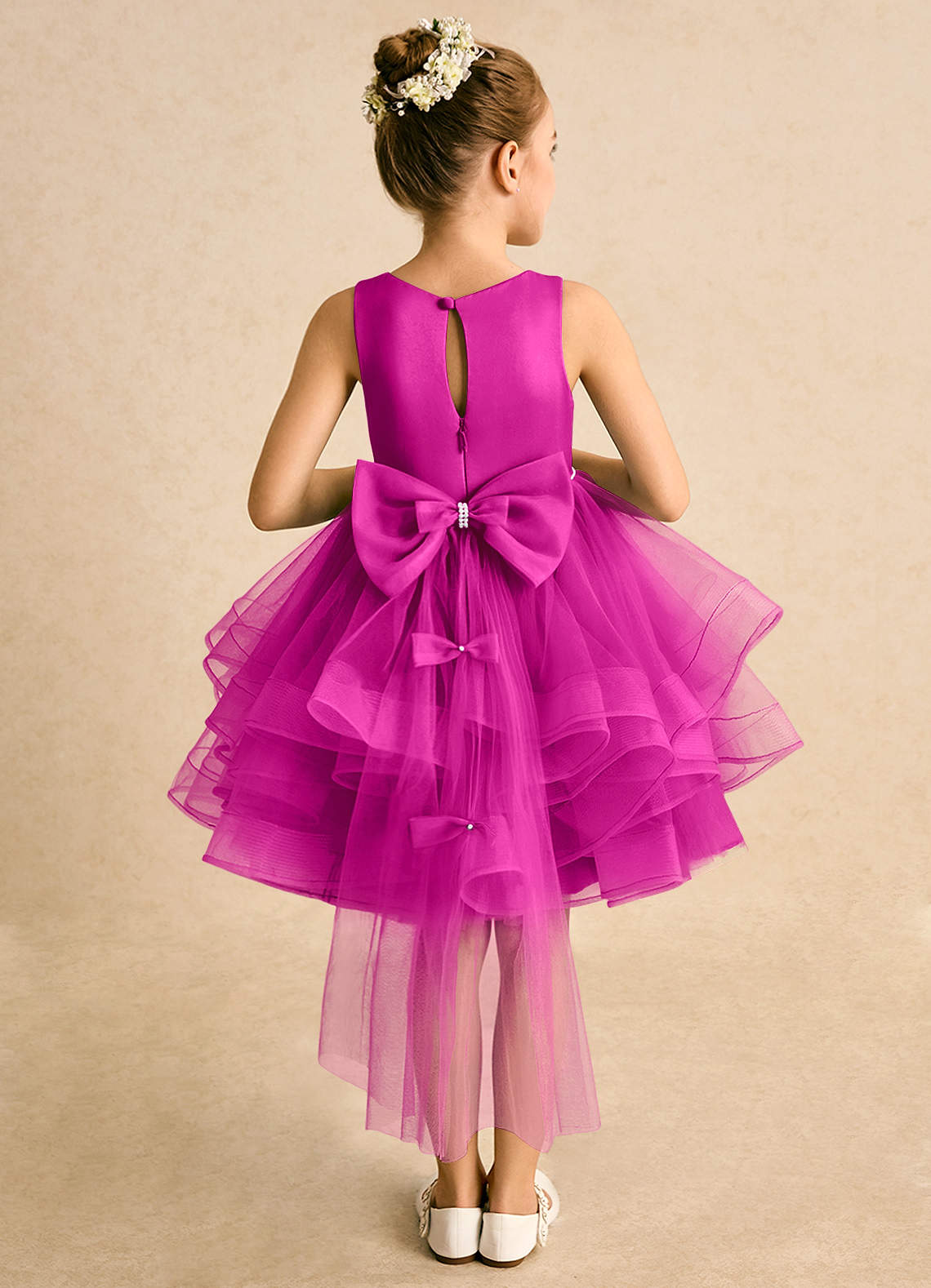 Azazie Tinie Blumenmädchenkleider Ballkleid Schleifen Tüll Kleid Fuchsia image1