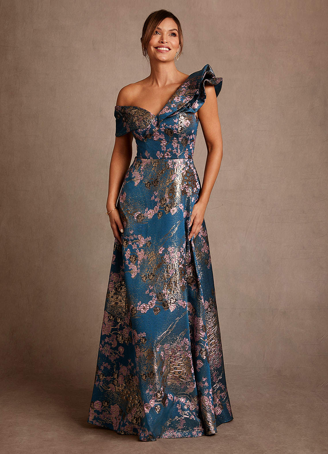 Azazie Des Moines Mother of the Bride Dresses Teal Floral A-Line One Shoulder Floral Jacquard Dress image3