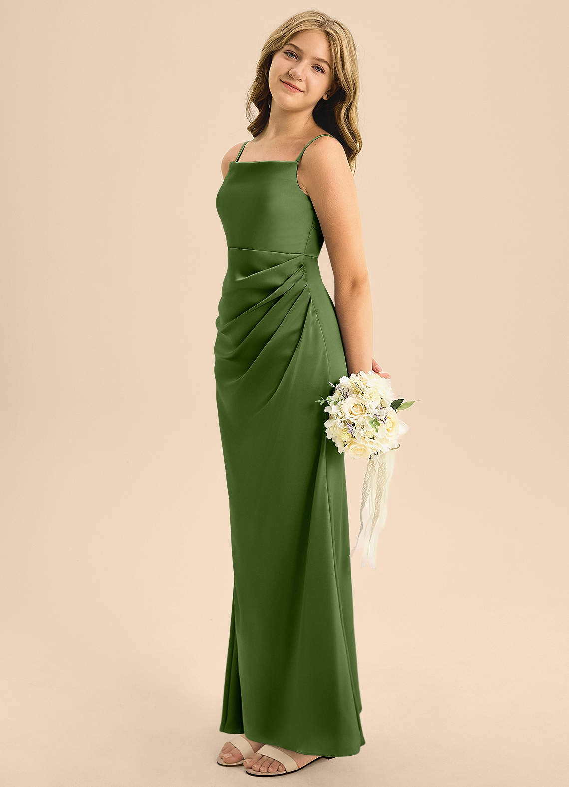 Azazie Renna Junior Juniper A-Line Pleated Stretch Satin Dress image1