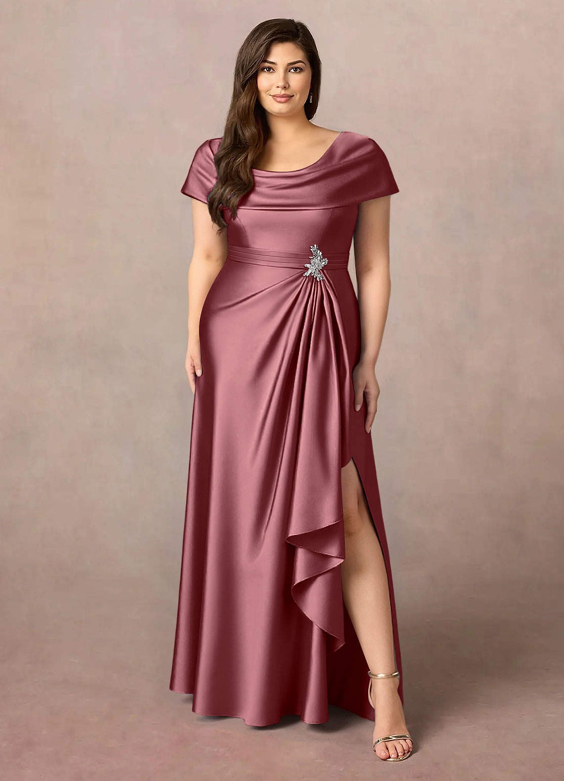 Azazie Branford vestidos de madre de la novia Vestido de Rosa Del Desierto de Satén Elástico de Corte En A con Plisado image1