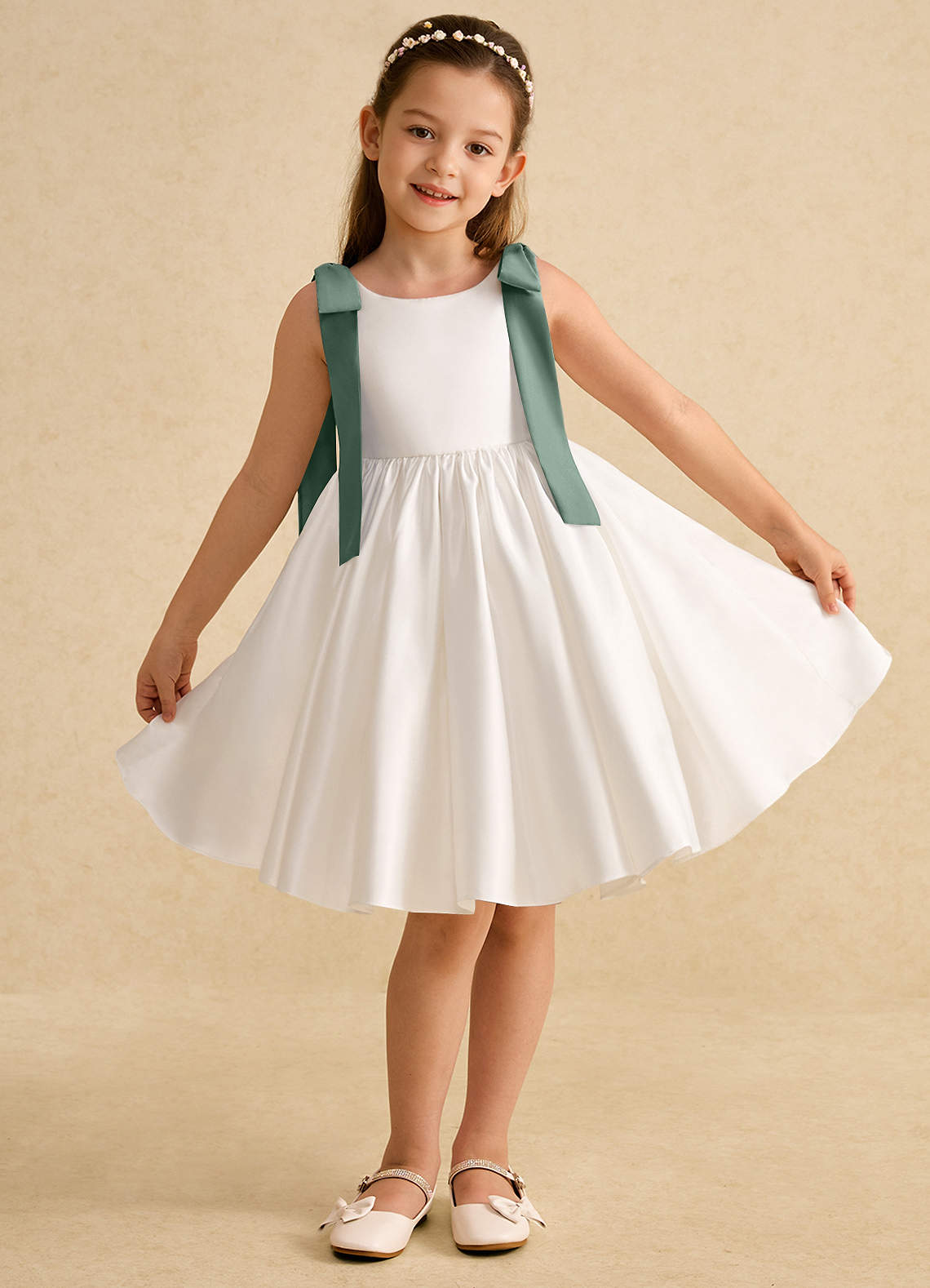 Azazie Stacie Flower Girl Dresses Ivory Eucalyptus A-Line Bow Matte Satin Dress image1