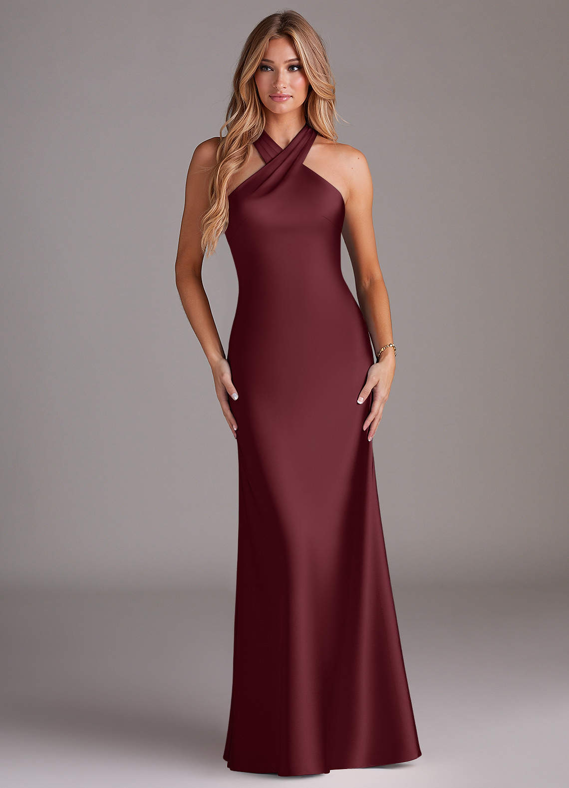 Azazie Doretta Bridesmaid Dresses Cabernet Mermaid Pleated Stretch Satin Dress image1