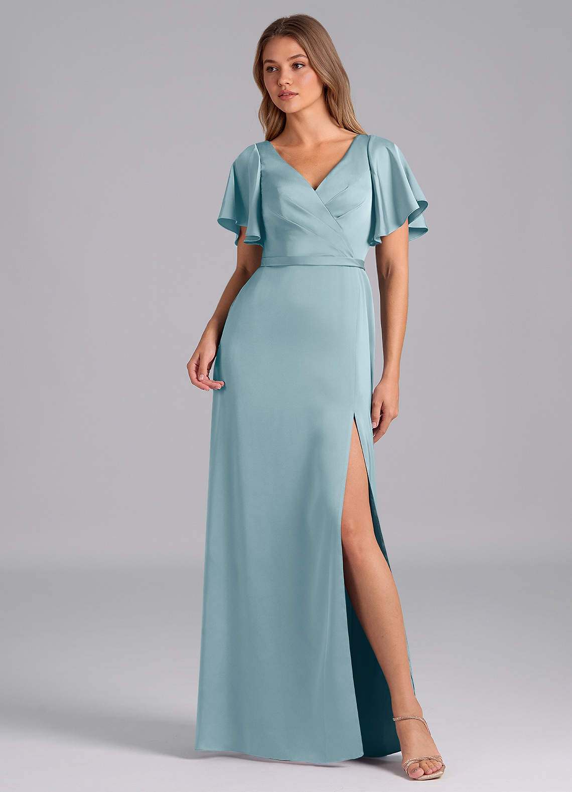 Azazie Ambrosia Bridesmaid Dresses Moody Blue A-Line Pleated Stretch Satin Dress image1