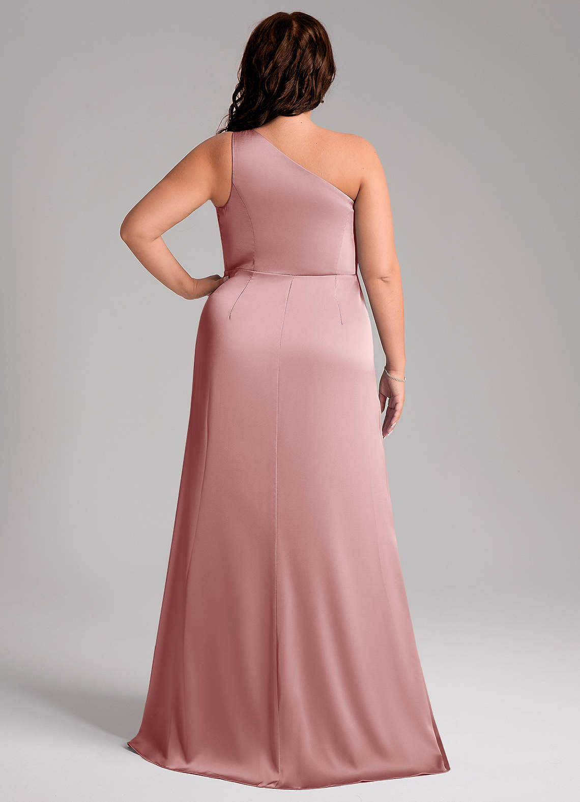 Azazie Phaedra Vestidos de madrinha de casamento Vestido Rosa Empoeirada de Cetim elástico de Linha A com Um ombro image1