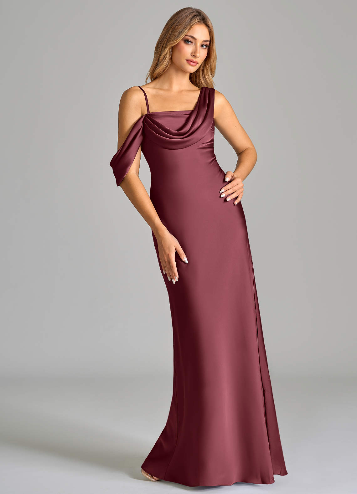 Azazie Celina Bridesmaid Dresses Merlot Sheath Off the Shoulder Stretch Satin Dress image1