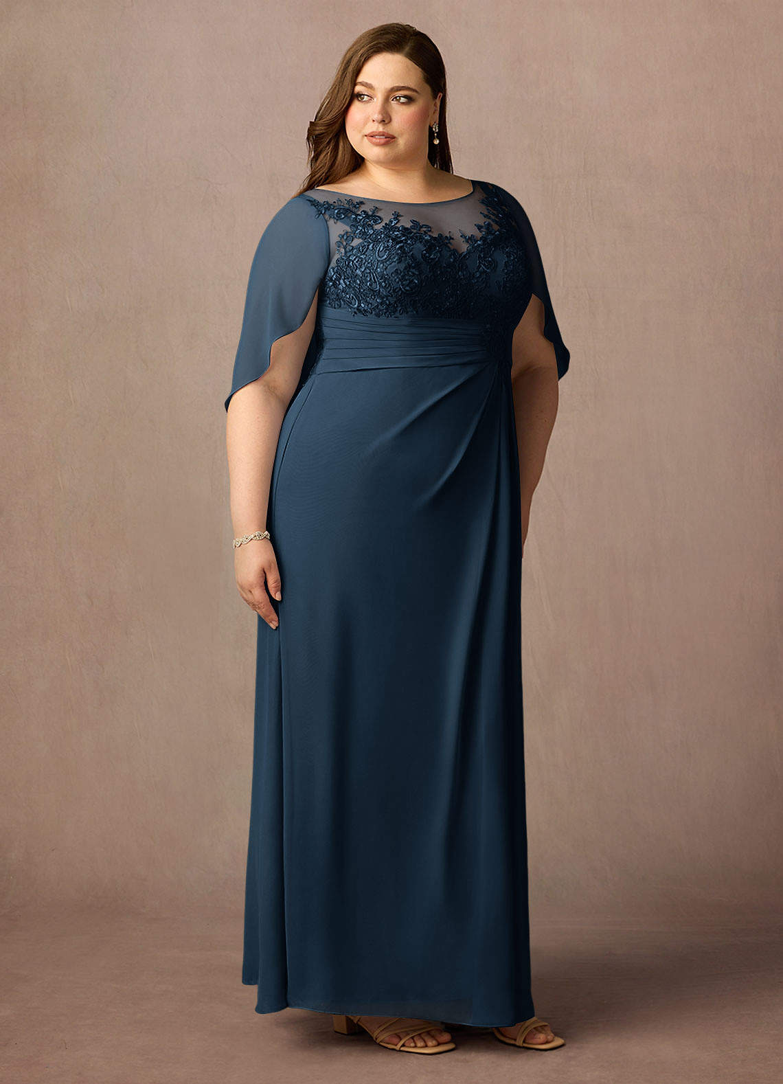 Azazie Hera At-home Try On Dresses Dark Navy A-Line Lace Capelet Chiffon Dress image9